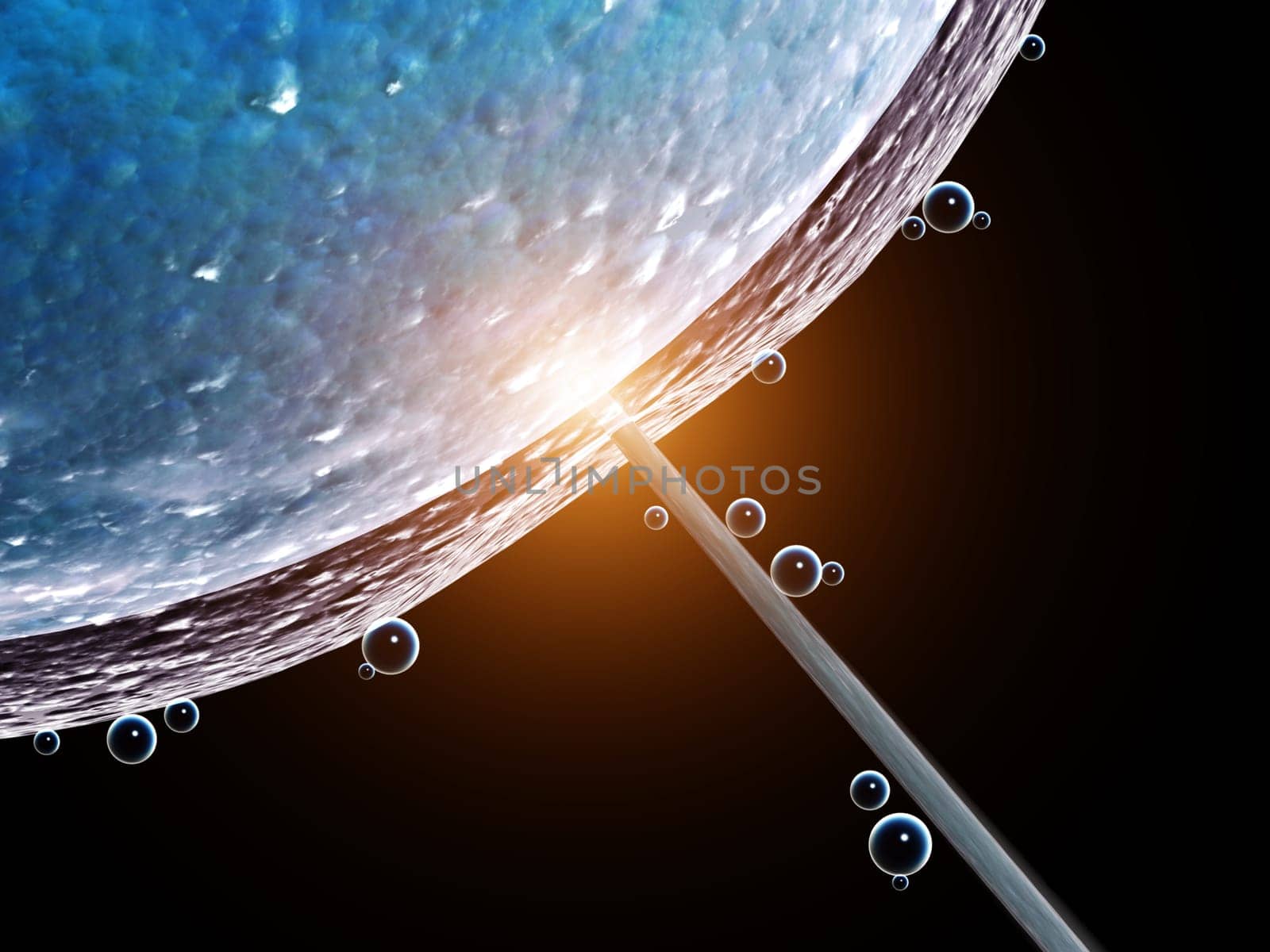 Cell injection - artificial insemination. Needle puncture the cell membrane. Isolated on black background. 3d render