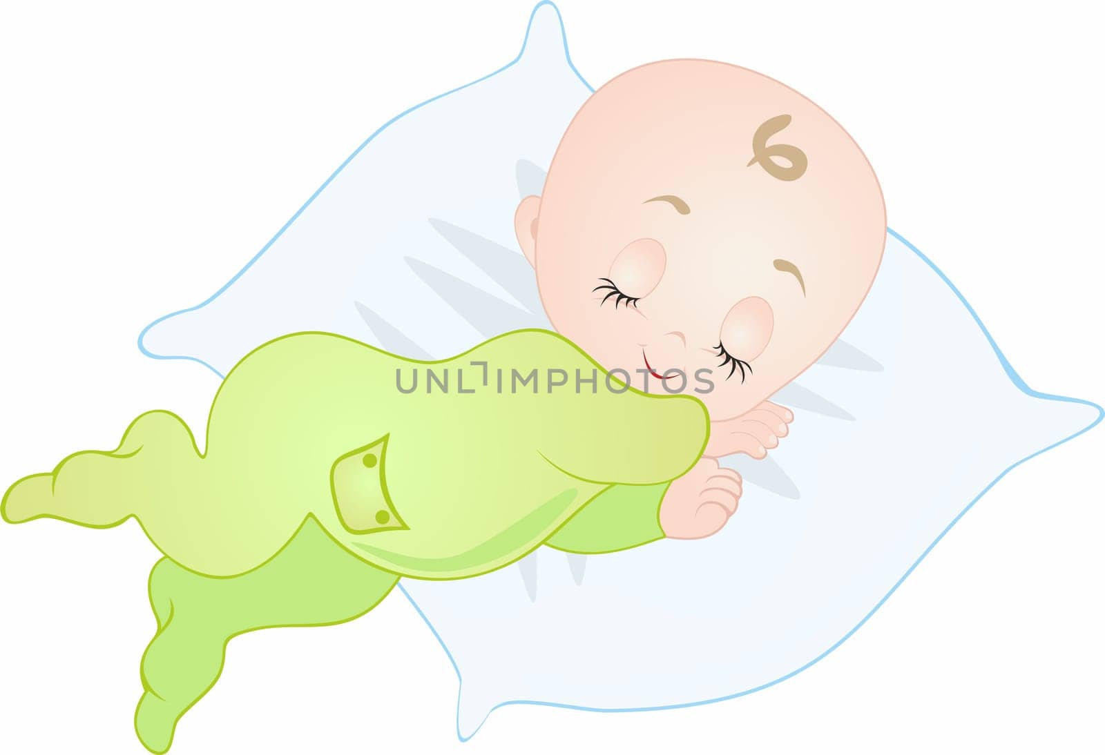 Cute little sleeping baby. Children on pillow. Illustration on white background.
