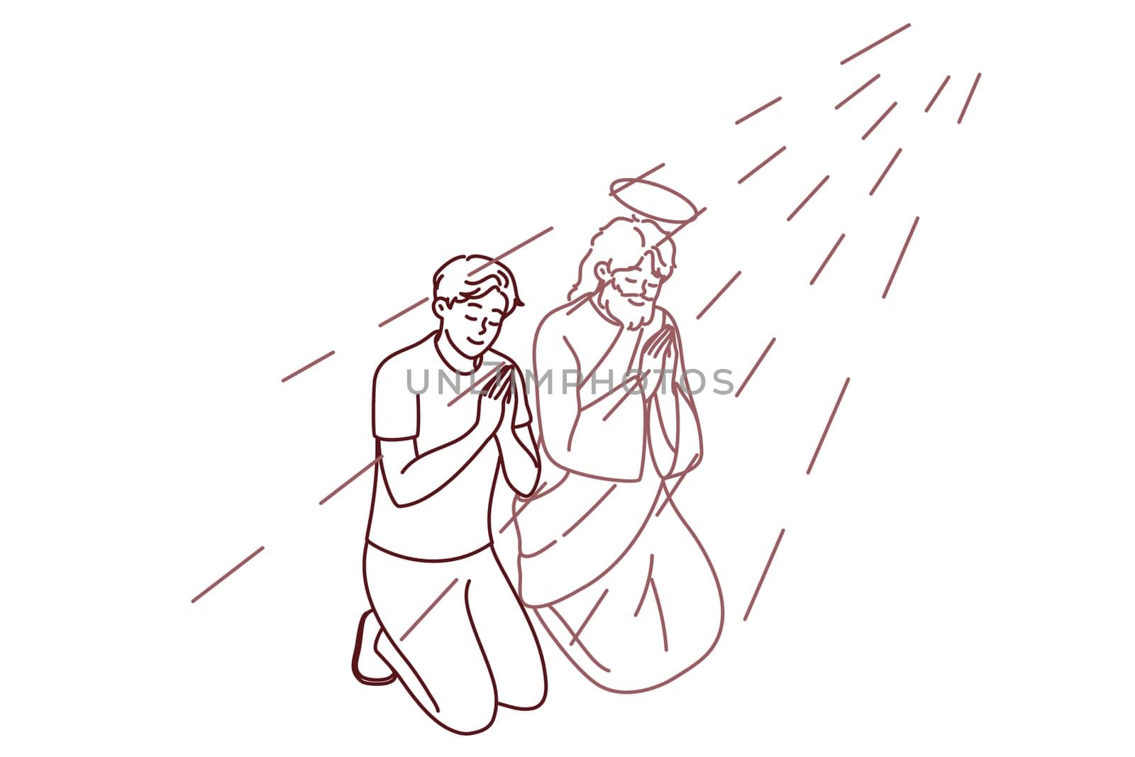 Religious young man kneel near Jesus Christ praying with hands together. Male believer pray for good life. Religion and faith. Vector illustration.