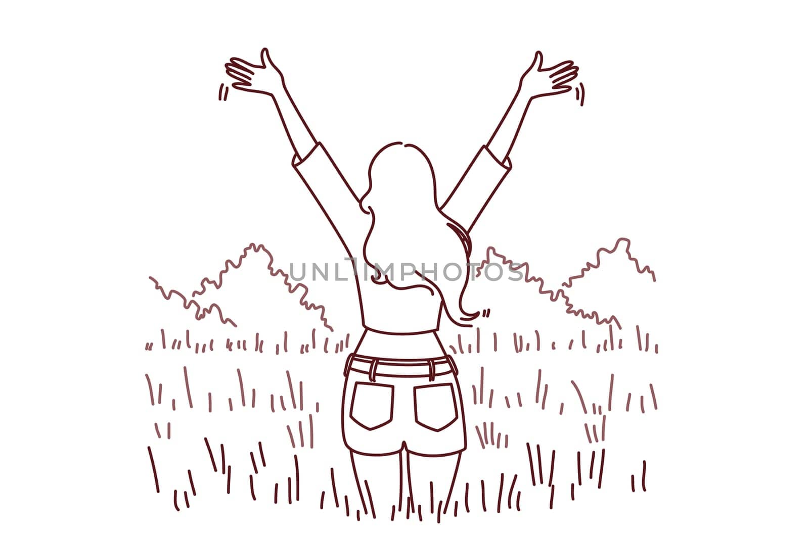 Back view of woman stand in field with hands raised excited with good day. Overjoyed girl enjoy mental health and recovery. Vector illustration.