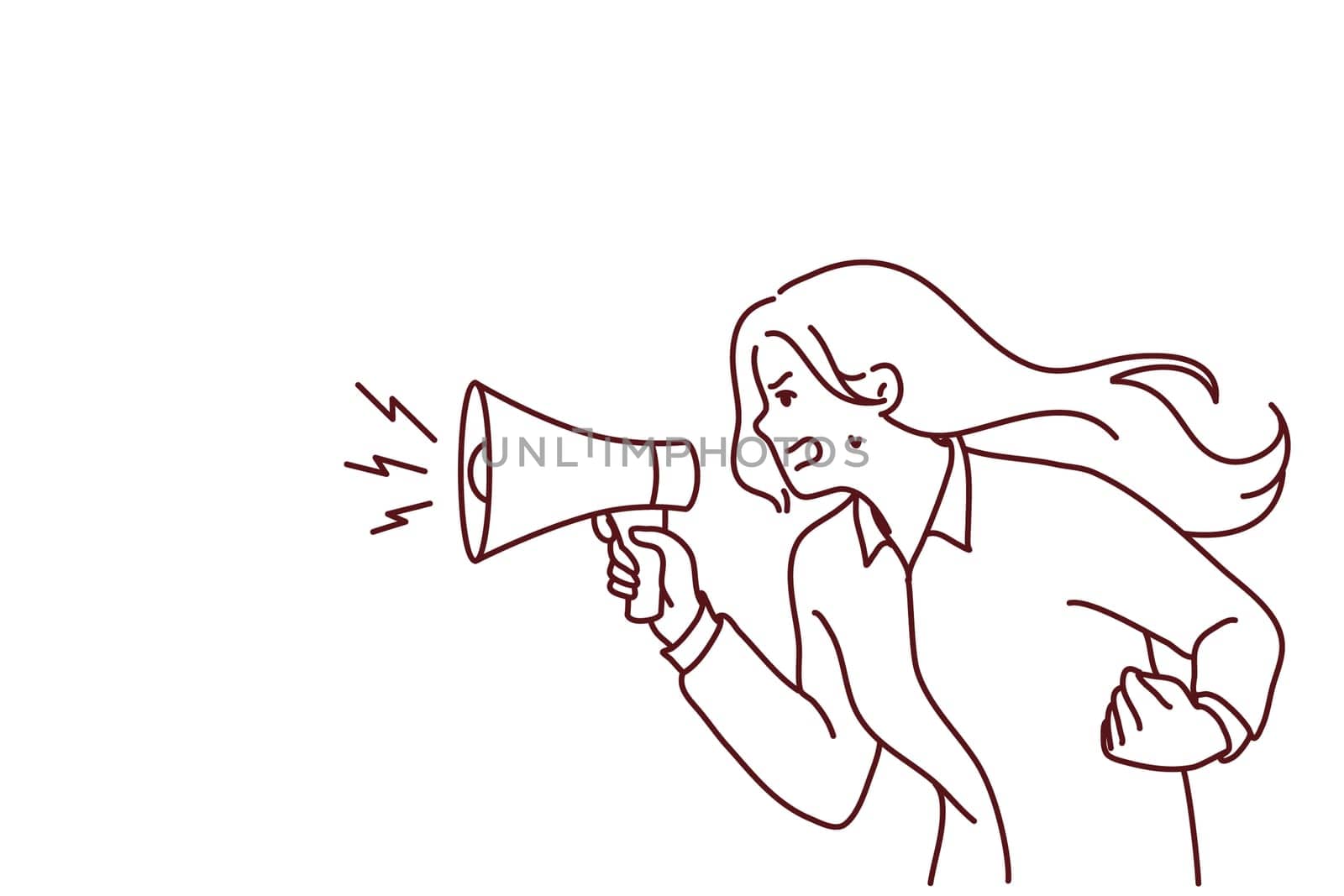 Furious young woman hold megaphone scream loud. Angry girl shout in loudspeaker make announcement lose control. Vector illustration.