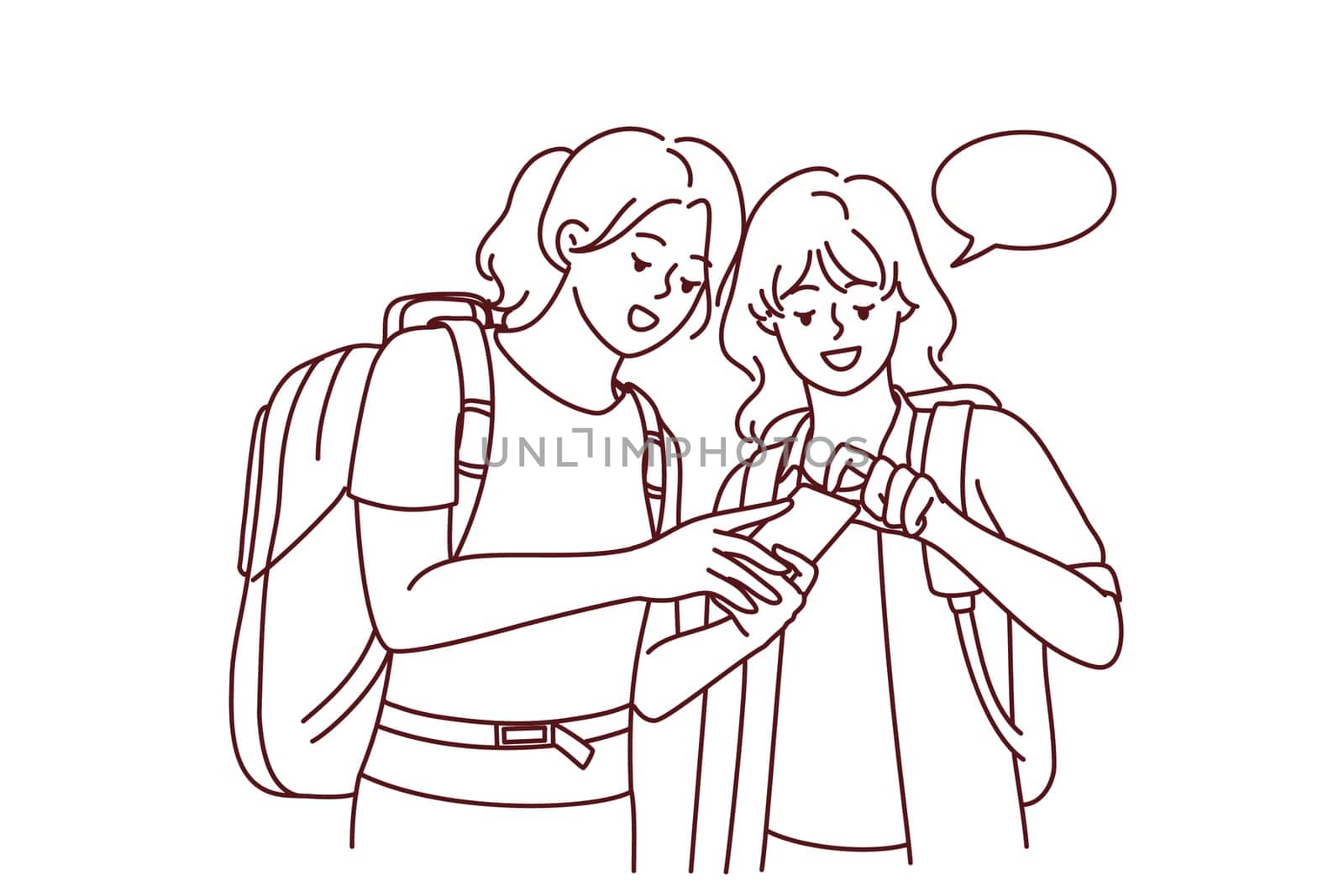 Happy girls travelers with backpacks looking at map on smartphone. Smiling female tourists using cellphone GPS in trip. Travel and technology. Vector illustration.