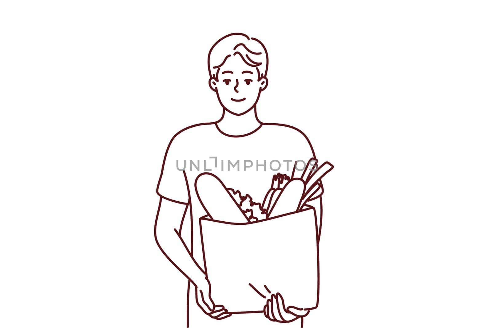 Portrait of smiling young man with bag with groceries. Happy guy holding package with goods and products. Shopping and nutrition. Vector illustration.