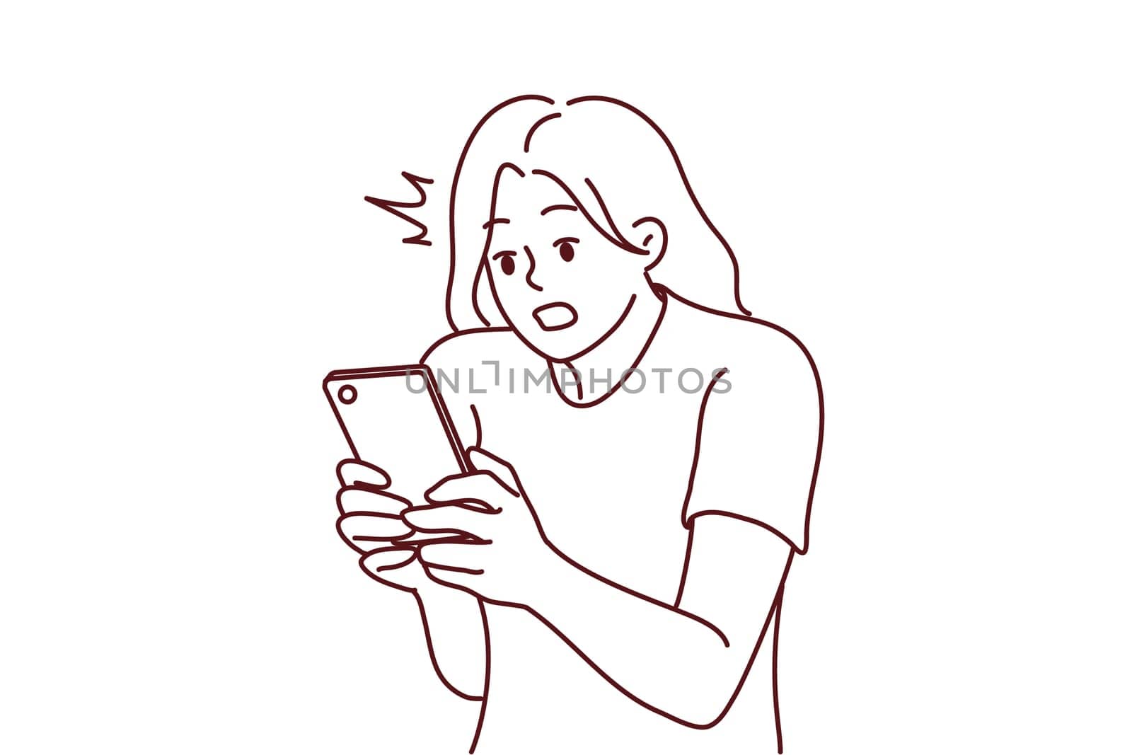 Amazed young woman look at cellphone screen shocked by unbelievable message online. Stunned girl surprised with news online on smartphone. Vector illustration.