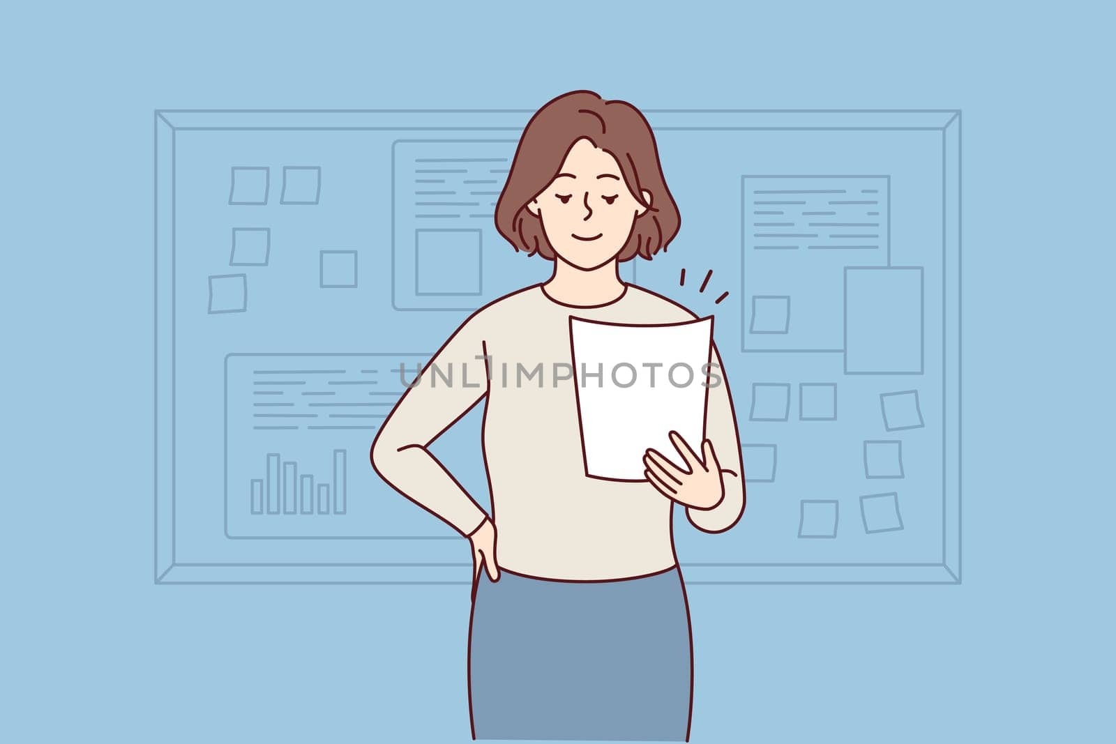 Smiling businesswoman holding paper work stand near board making presentation. Happy female boss present business project in office. Vector illustration.