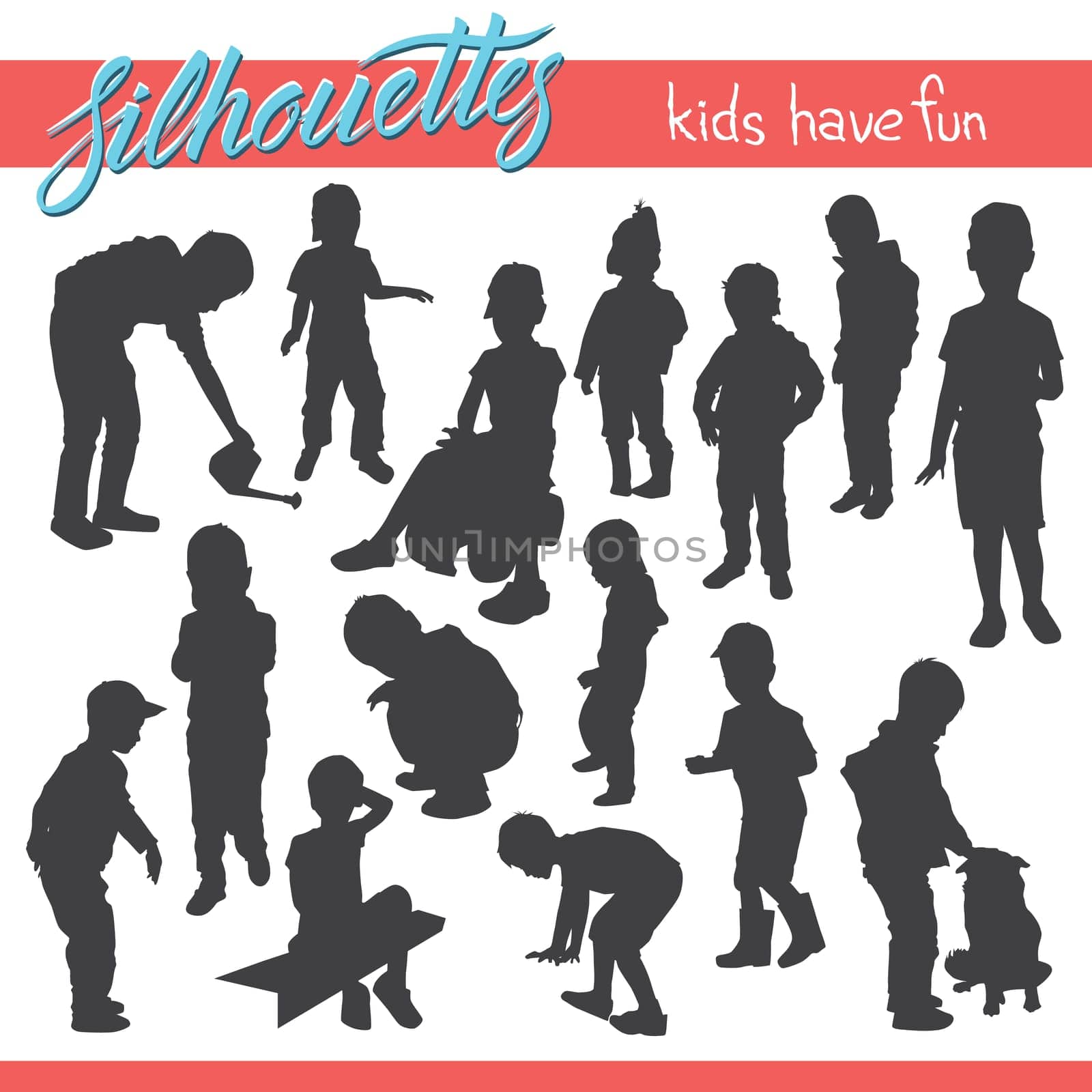Vector silhouettes of kids and children. Kids in the park