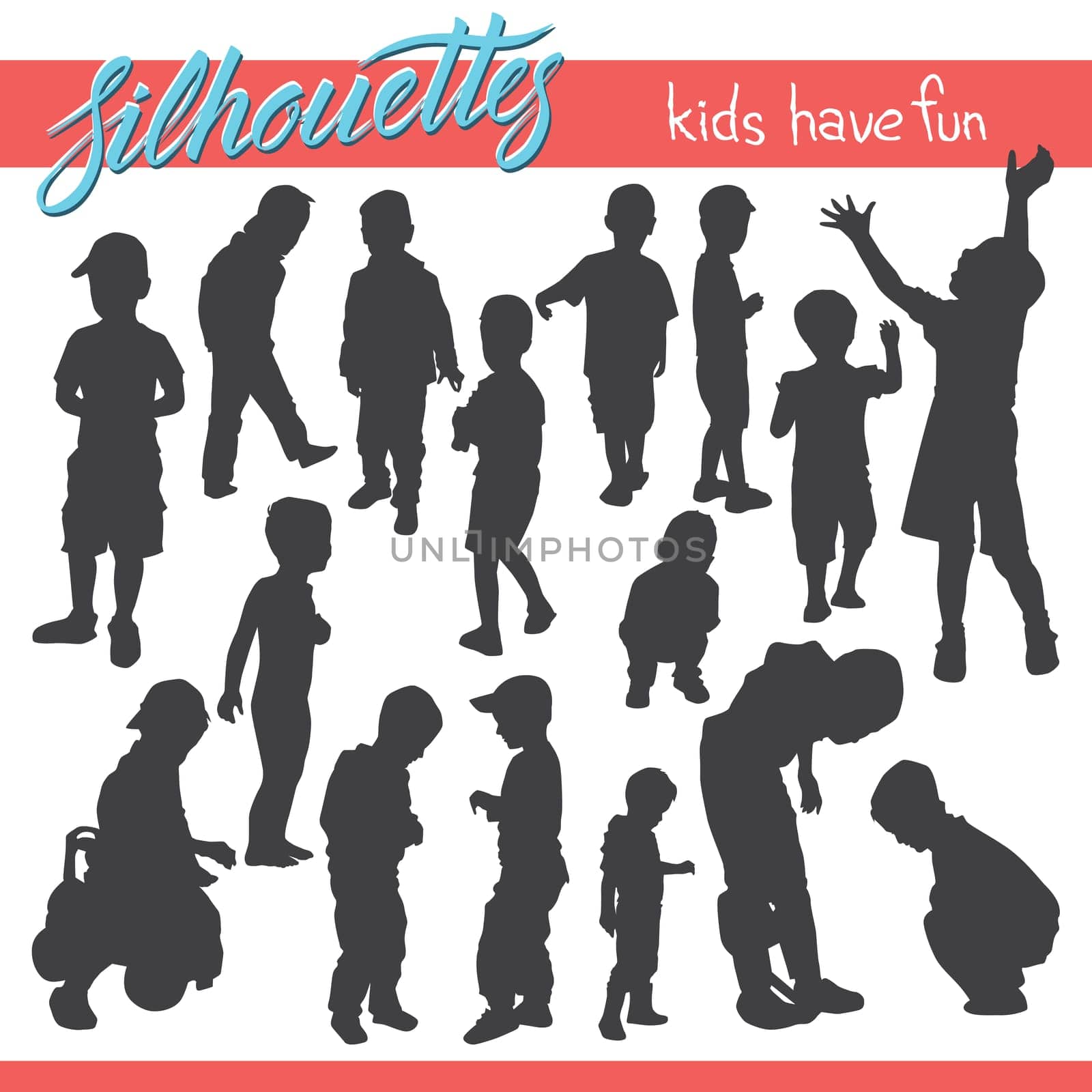 Vector silhouettes of kids and children. Kids in the park