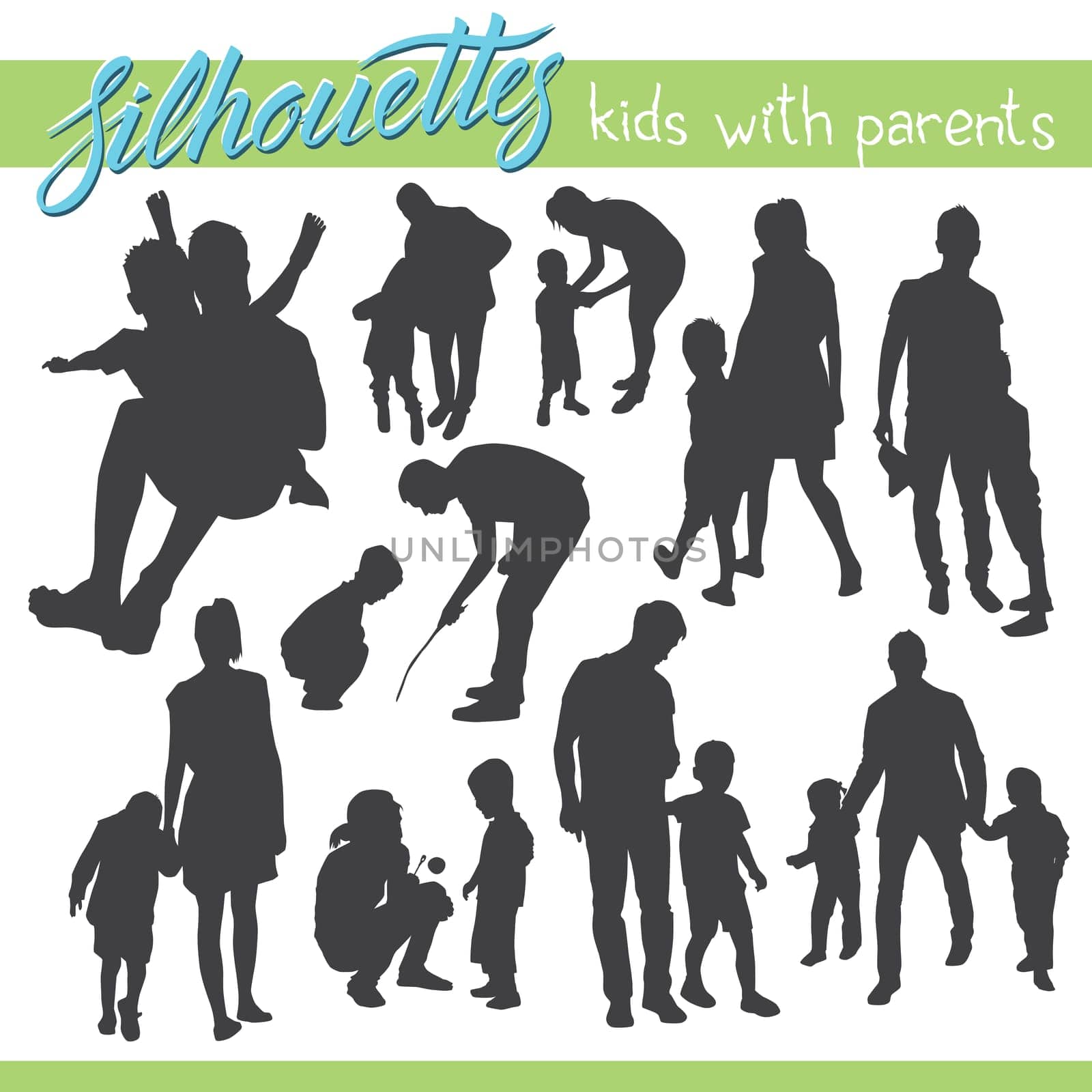 Vector silhouettes of kids and children. Kids with parents. Happy family