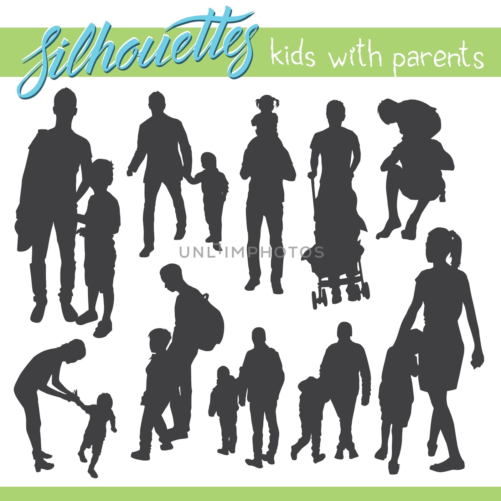 Vector silhouettes of kids and children. Kids with parents. Happy family