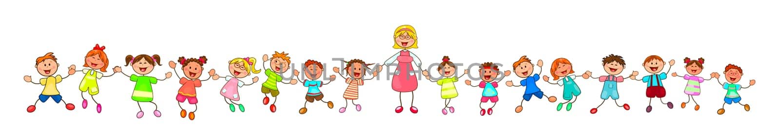 Joyful little children and a teacher. A group of children with a teacher on a walk. Group of cheerful, smiling children on a white background. Cartoon joyful children. Group of happy, smiling children.