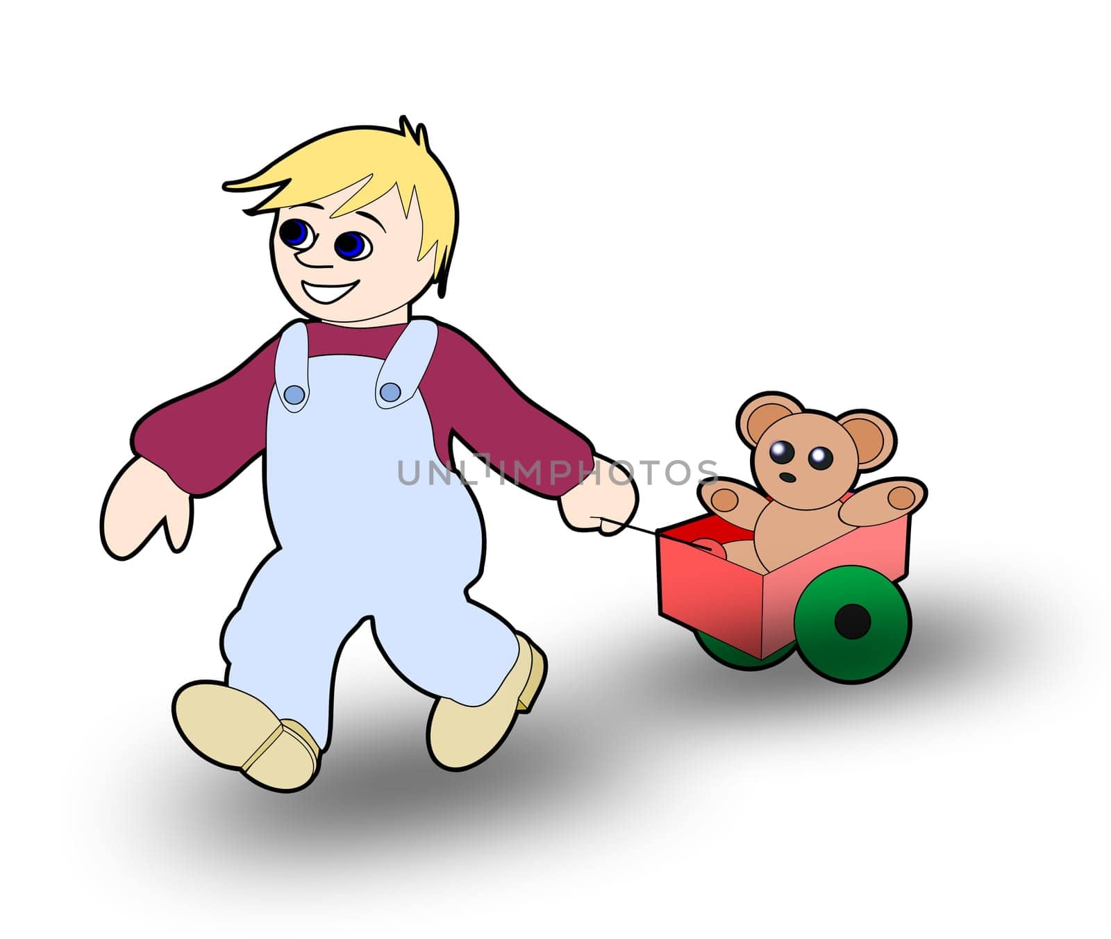 A little boy pulling a wagon     with a teddy bear.