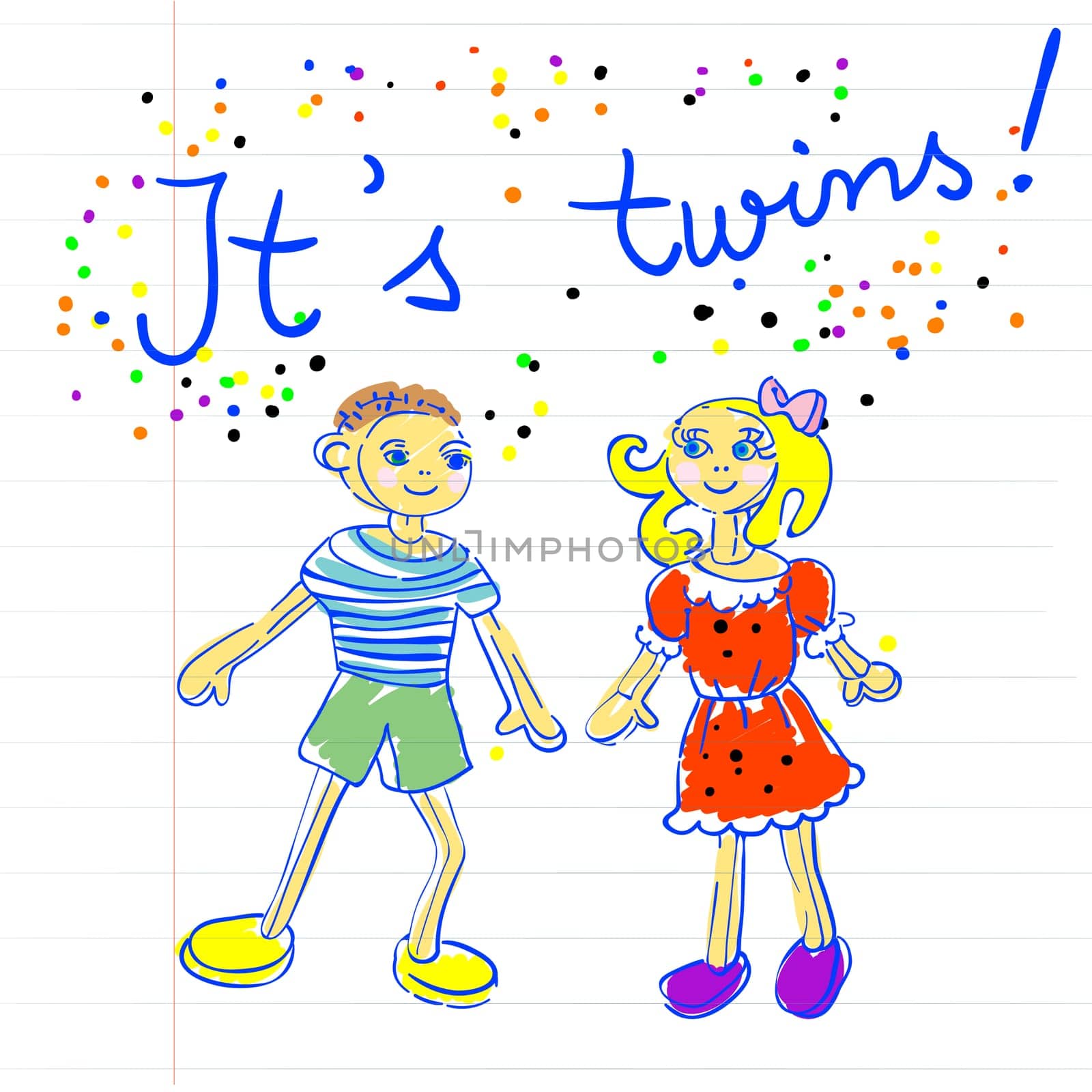 baby arrival childlike marker drawing of a little boy and a little girl on a piece of paper. It's twins
