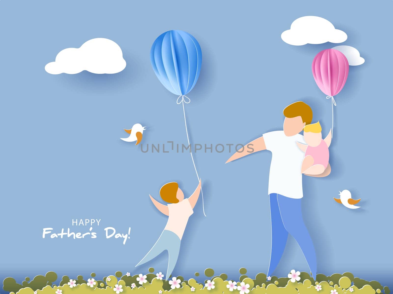 Handsome man with his children and color balloons. Happy fathers day card. Paper cut style. Vector illustration