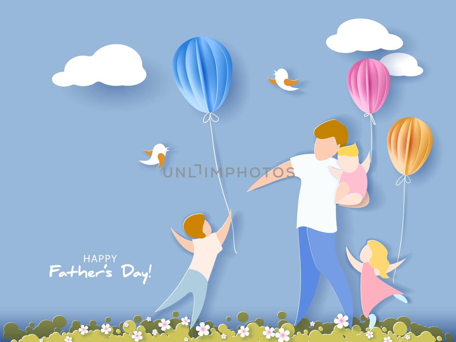 Handsome man with his children and color balloons. Happy fathers day card. Paper cut style. Vector illustration