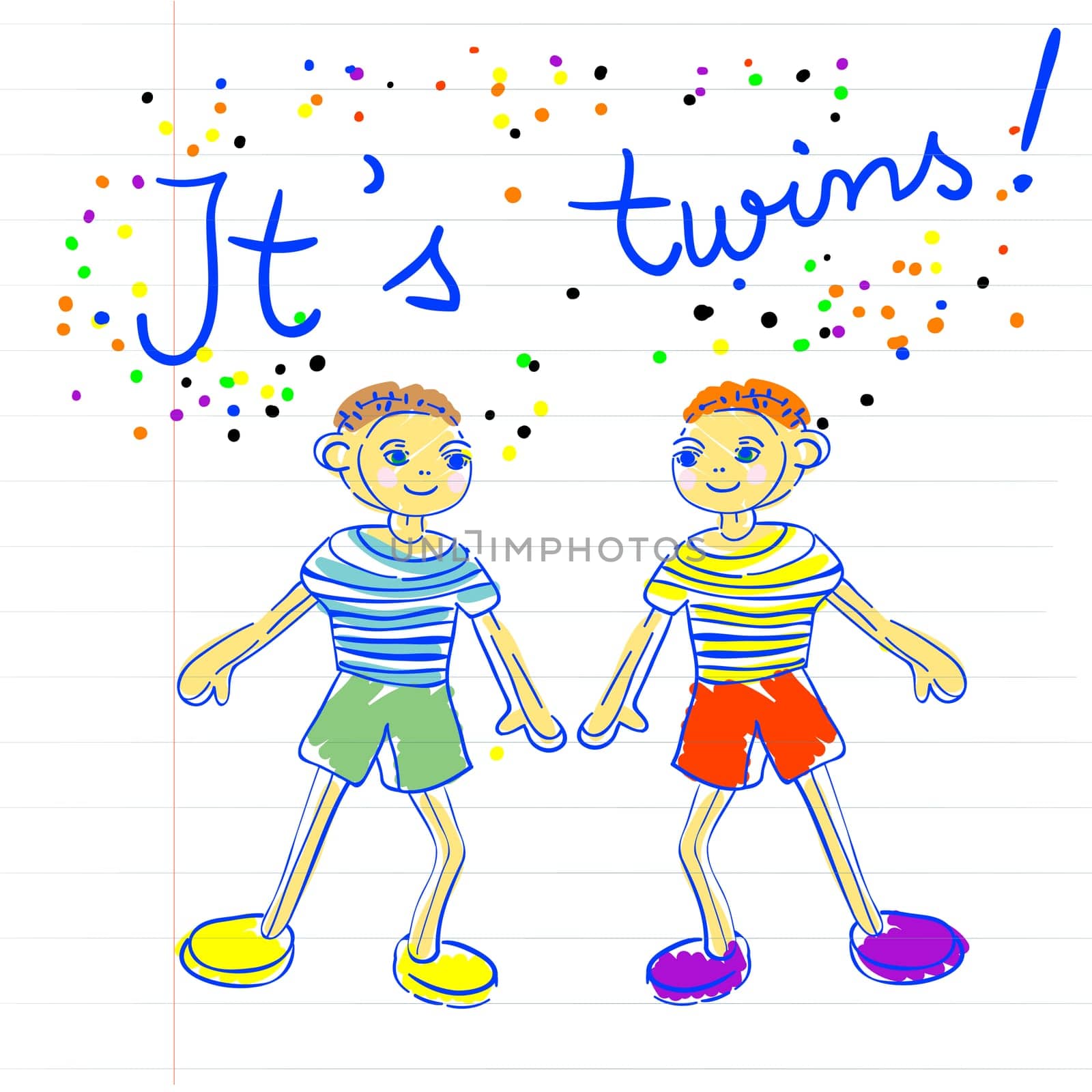 baby arrival childlike marker drawing of two little boys on a piece of paper. It's twins