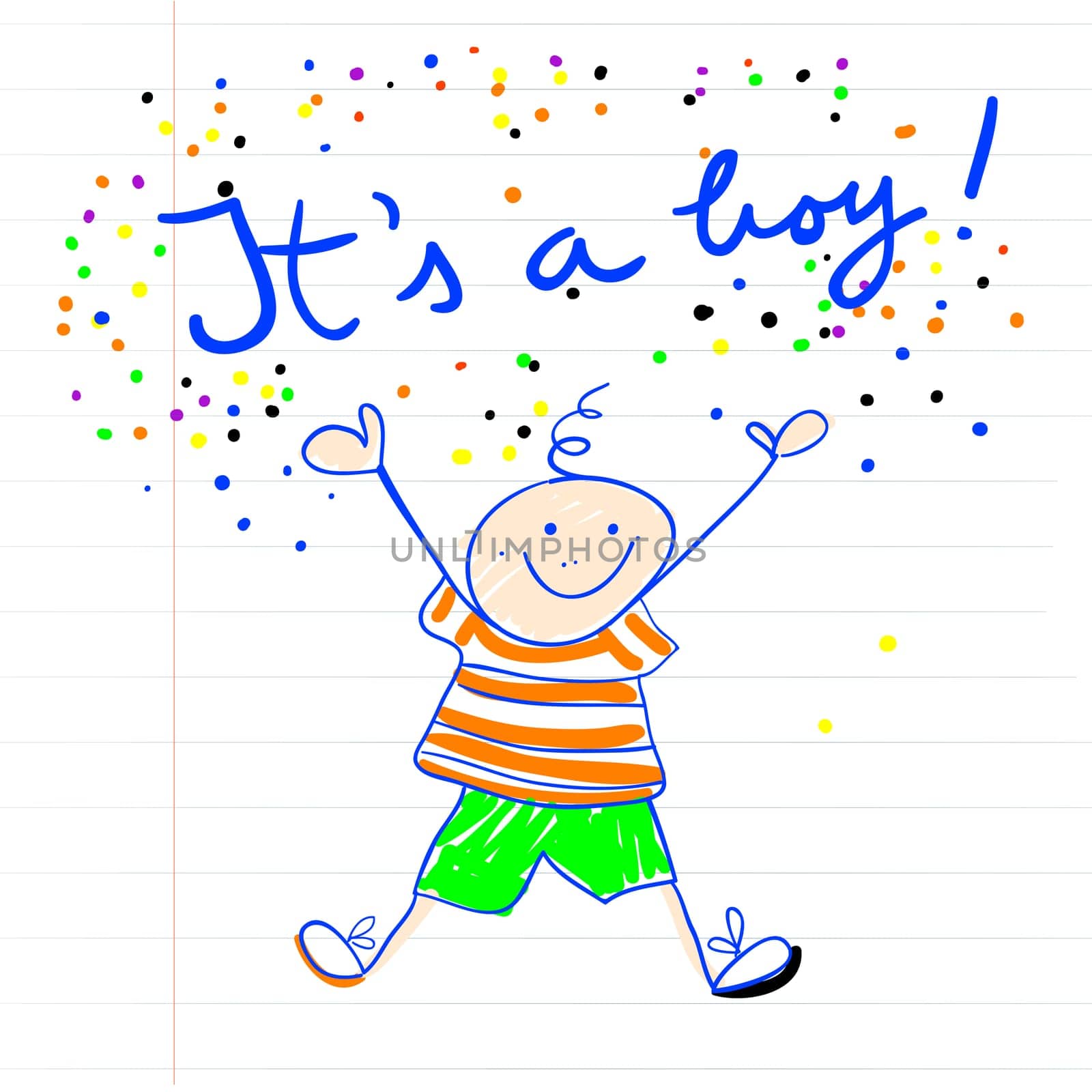 baby arrival childlike marker drawing of a little boy on a piece of paper. It's a boy