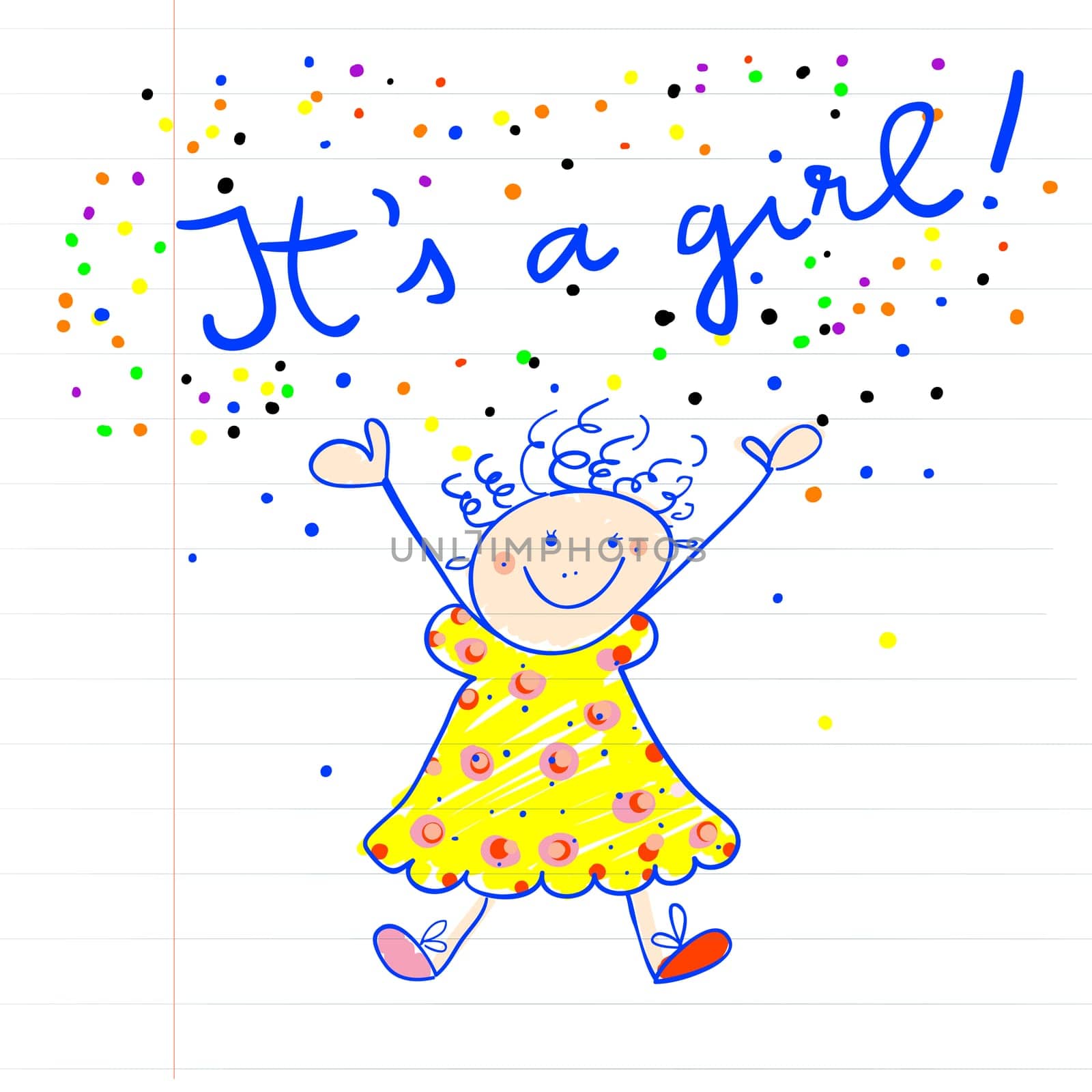 baby arrival childlike marker drawing of a little girl on a piece of paper. It's a girl