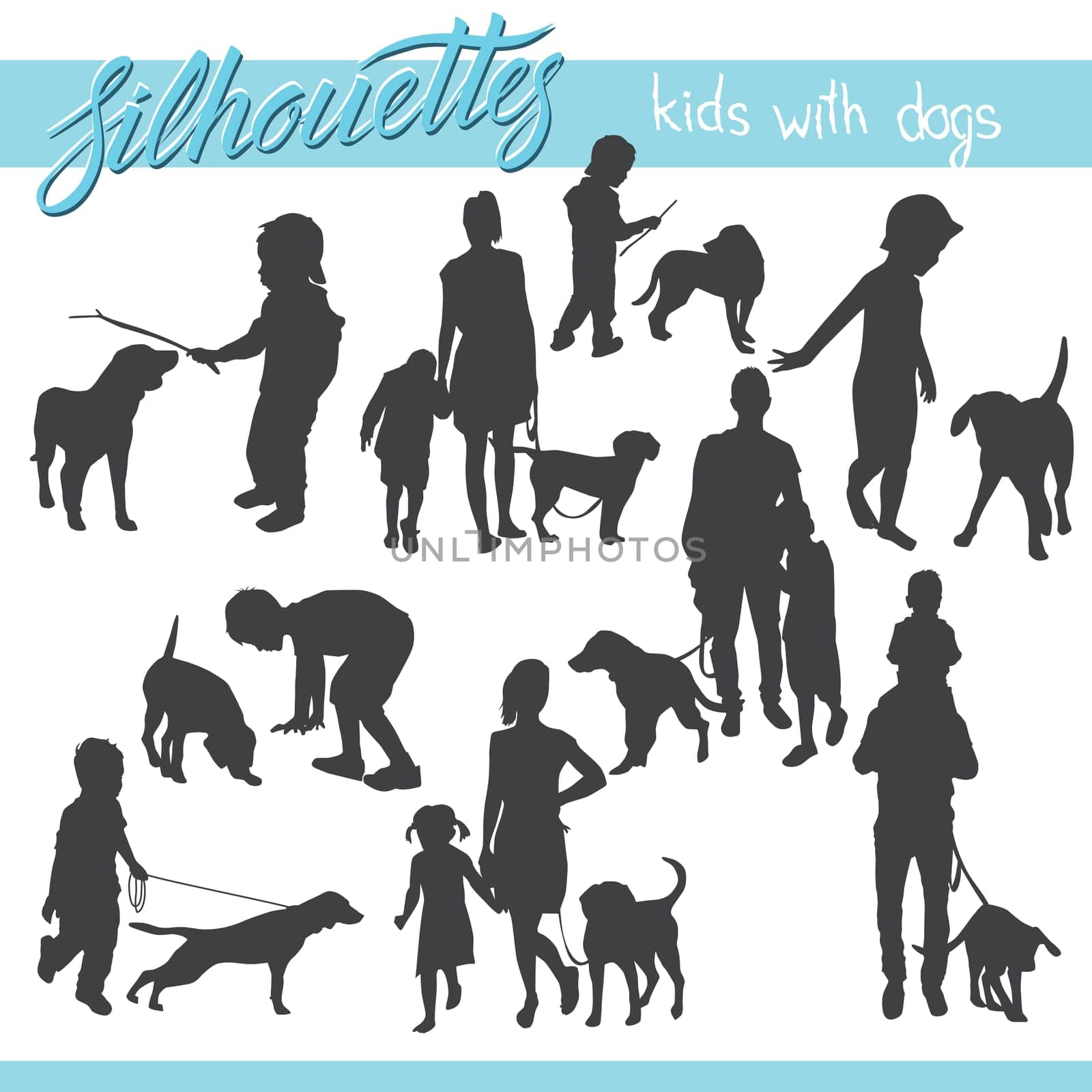 Vector silhouettes of kids and children. Kids and family with dog