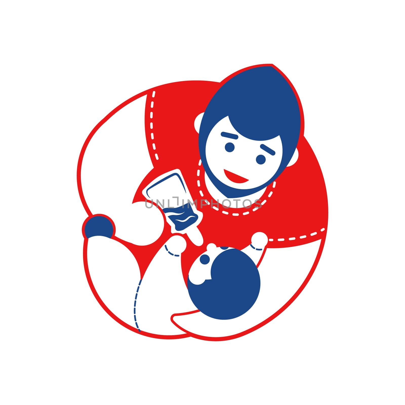 father keeps the baby and feeds him from the bottle. Two-color emblem of parent care. Flat Illustration for logo, sign, simbol You can use product design for babies and parents, for invitations and congratulations on your father s day. Isolated object on white.