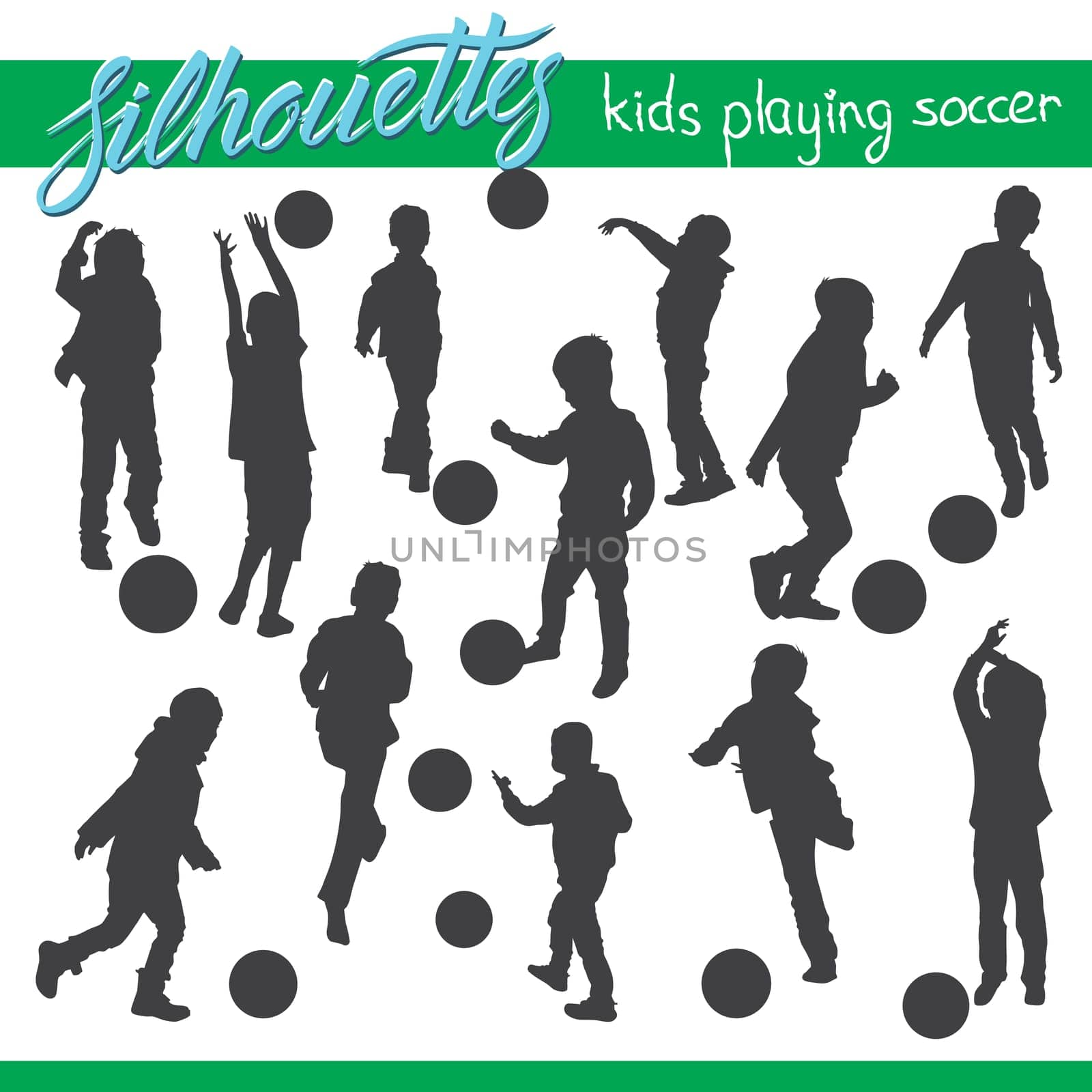 Vector silhouettes of kids and children. Kids playing soccer football