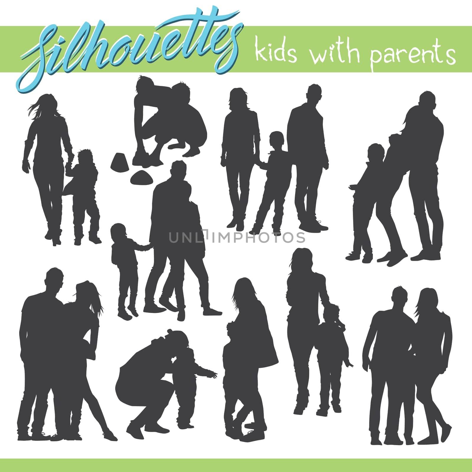 Vector silhouettes of kids and children. Kids with parents. Happy family