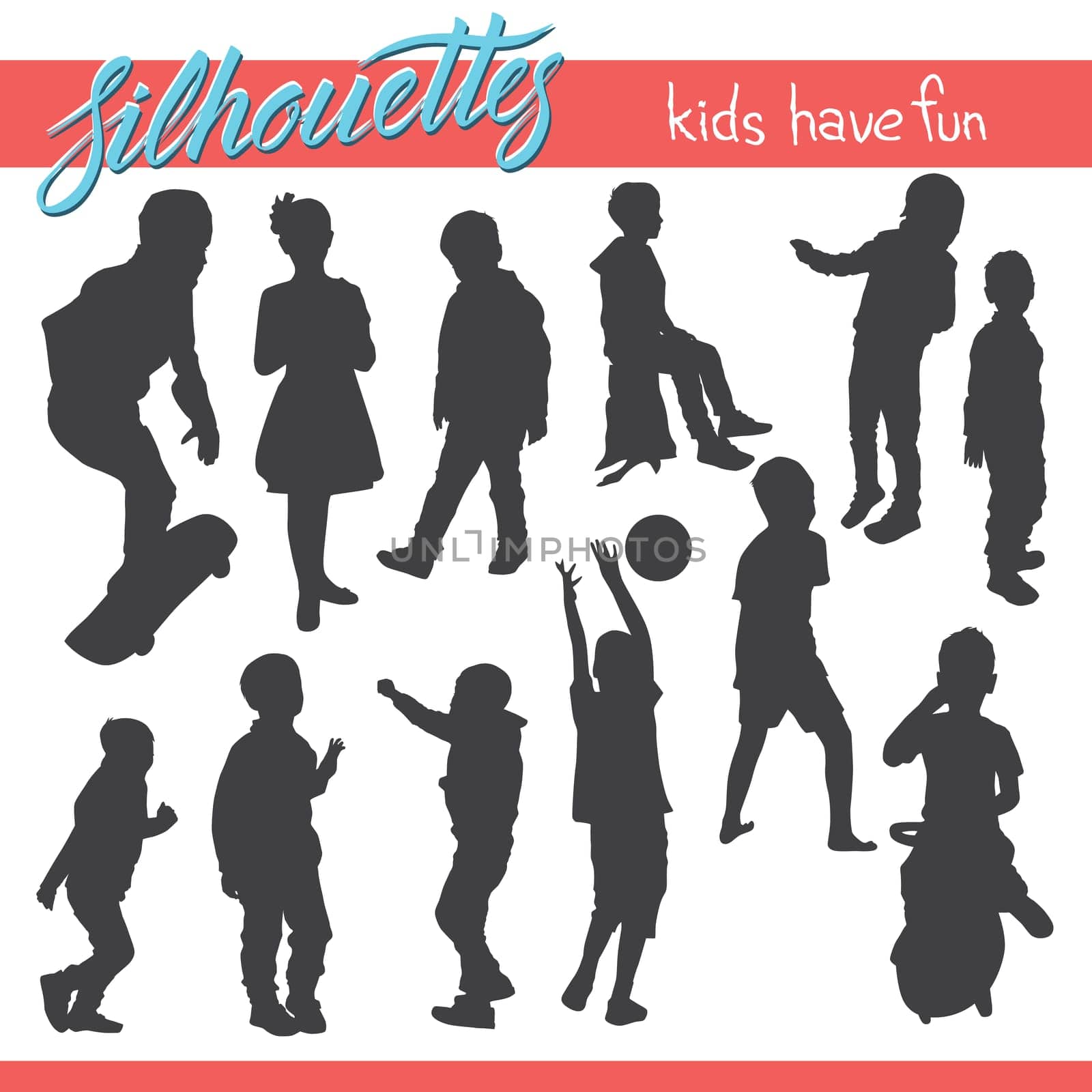 Vector silhouettes of kids and children. Kids have fun