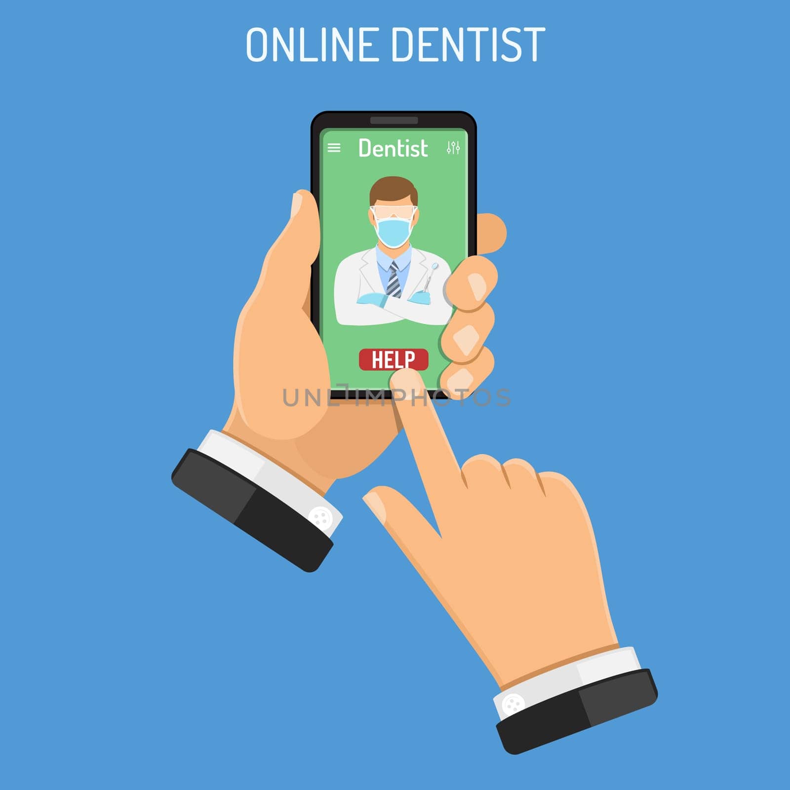 Online doctor Concept. Man holding smart phone in hand and calls dentist. Flat style icons. Isolated vector illustration