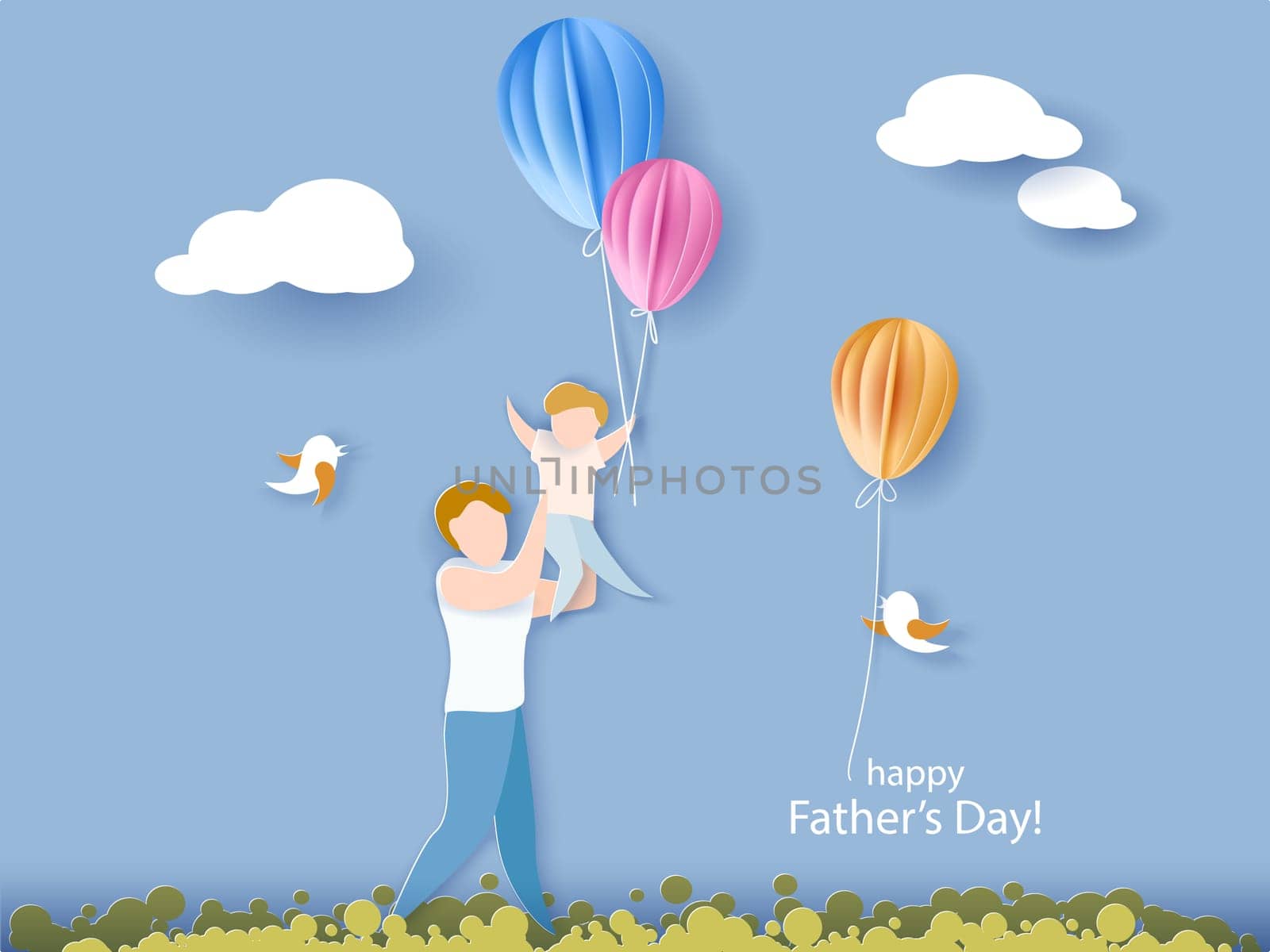 Handsome man with his son and color balloons. Happy fathers day card. Paper cut style. Vector illustration