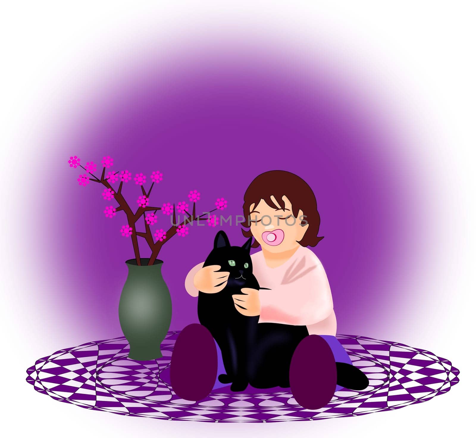 A little girl sitting on a round     carpet and hugging a black cat.