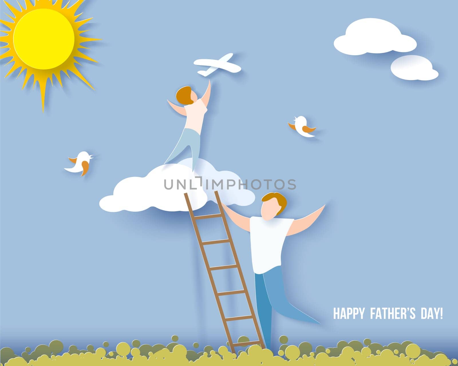 Handsome man with his son on cloud. Happy fathers day card. Paper cut style. Vector illustration