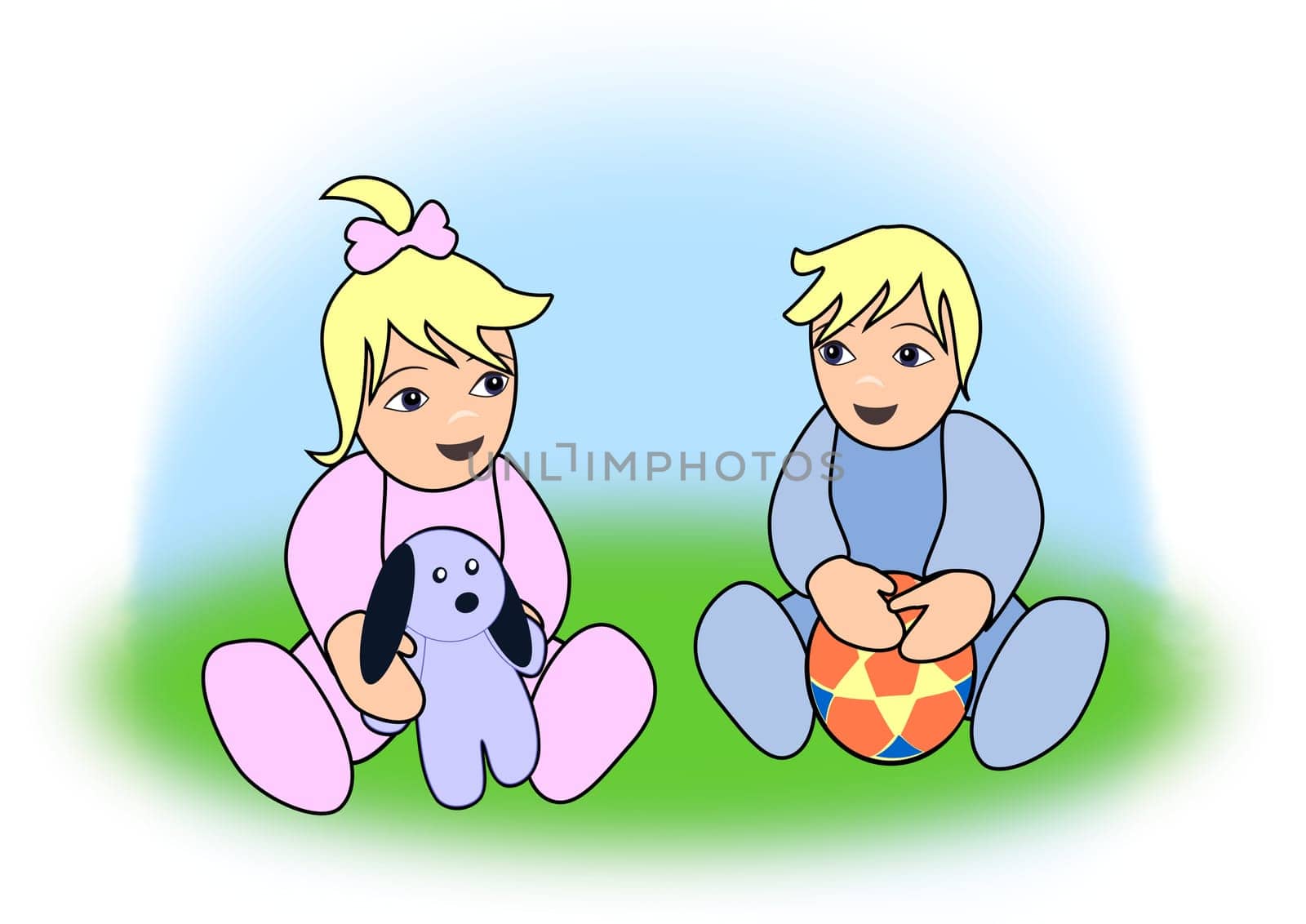 A little baby girl and a little baby boy sitting and playing in the grass.