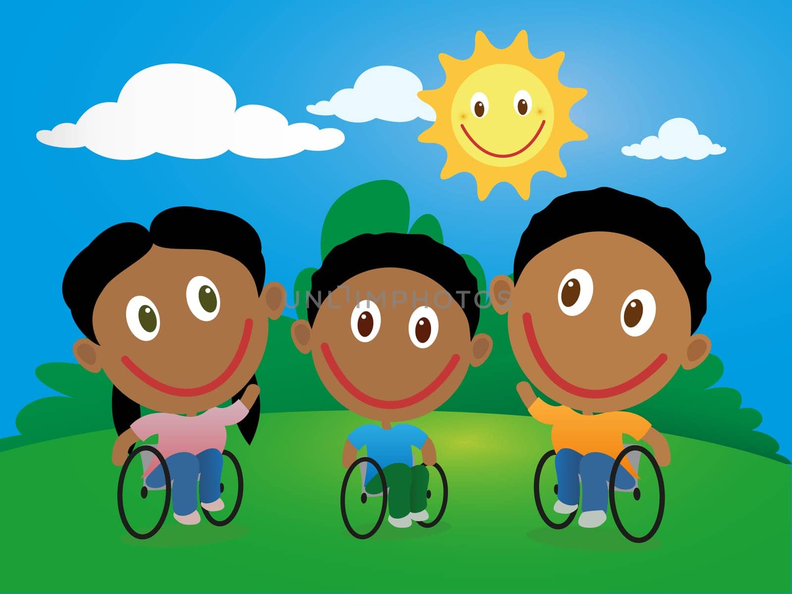 Handicapped happy children in wheelchair in a sunny day.