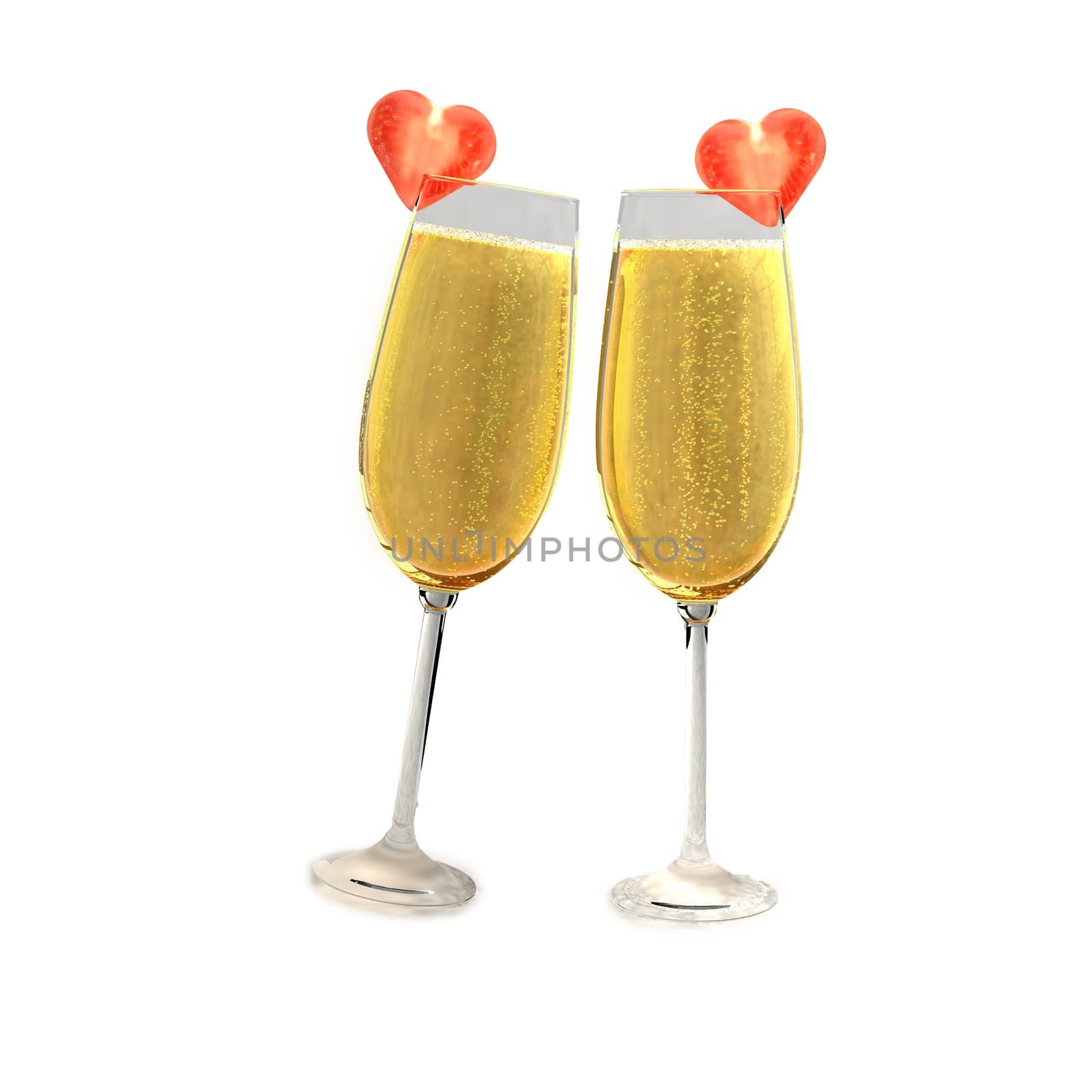 Two champagne glasses with two tomatoes on a white background which symbolizes love.