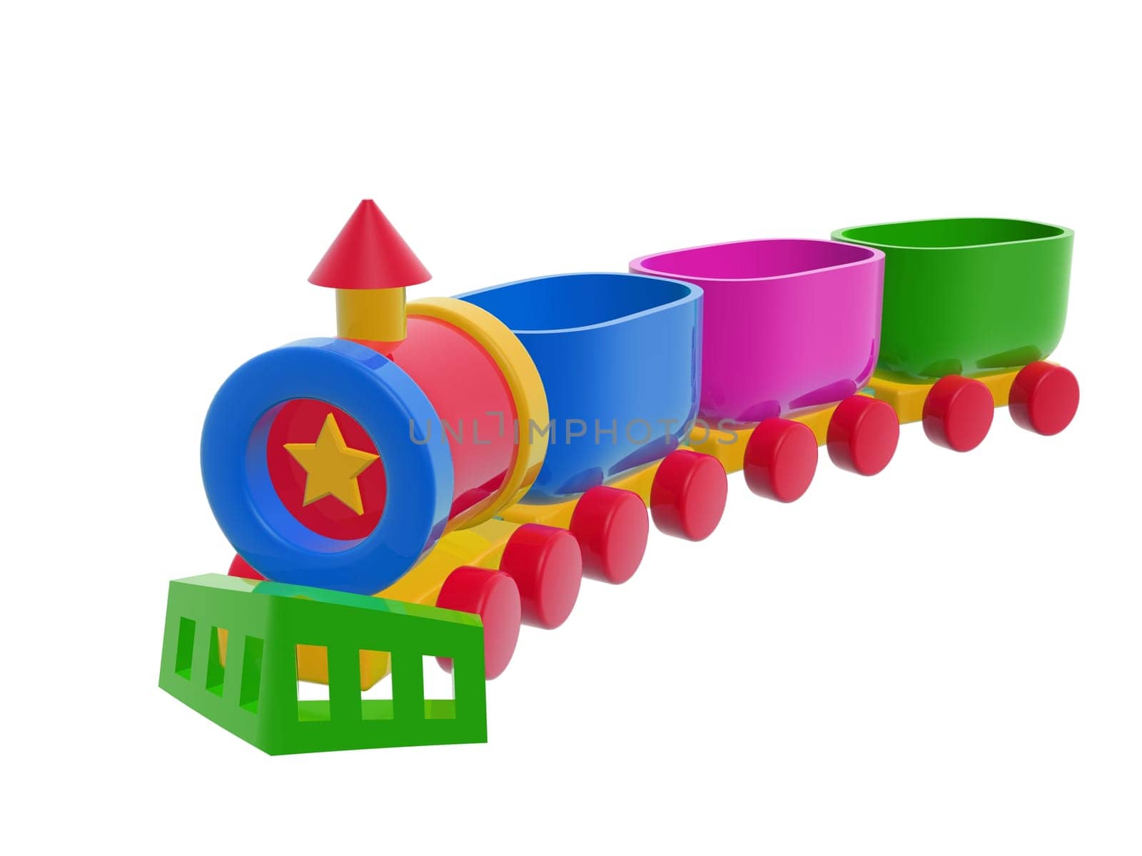 colorful toy freight train isolated on white background