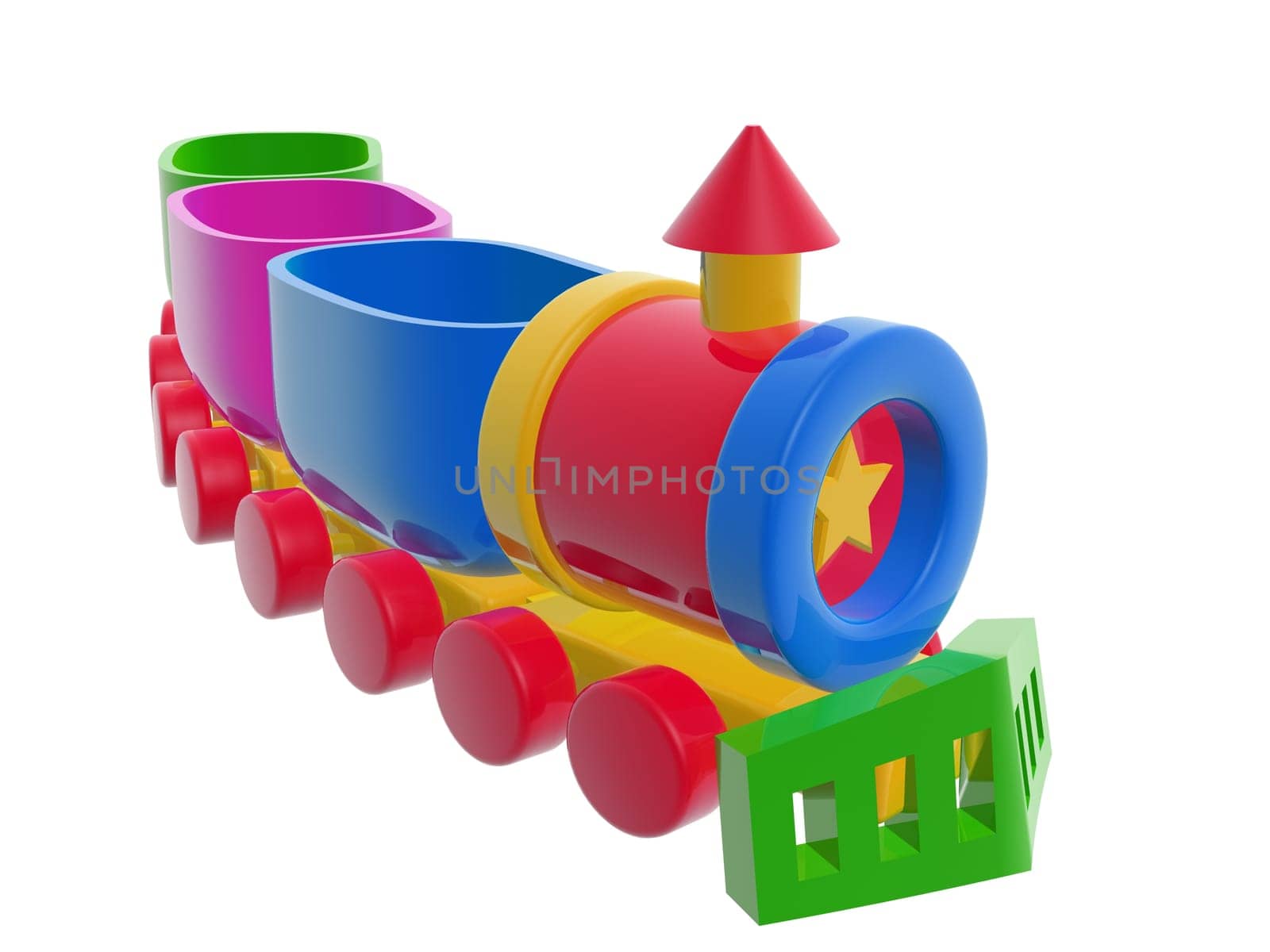 colorful toy freight train isolated on white background