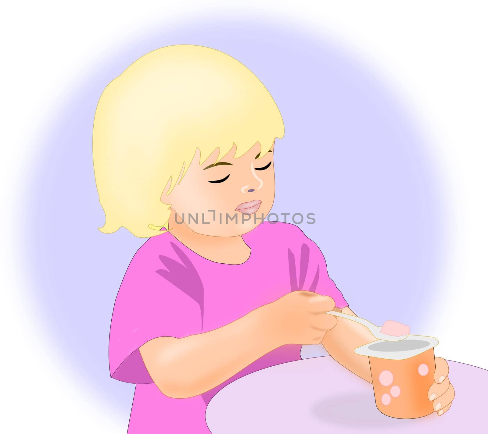 A little blond girl eating a     yogurt.