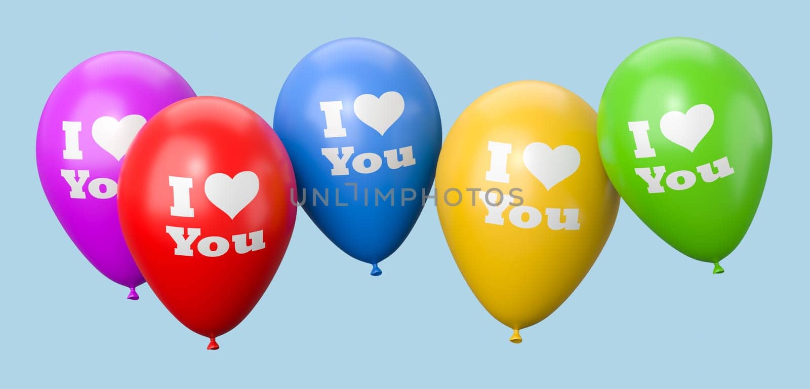 Colorful Balloons with I Love You Text and Heart Shape Isolated on Flat Blue Background 3D Illustration