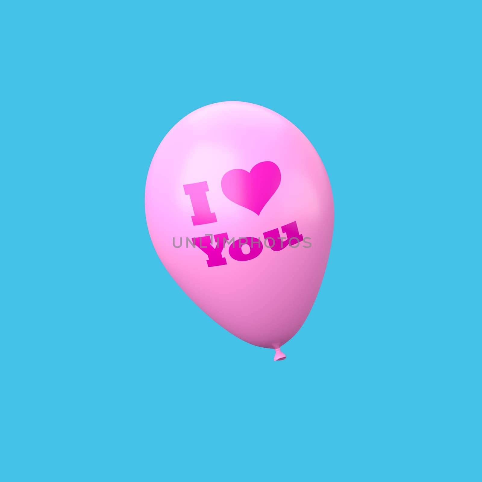 One Single Pink Balloon with I Love You Text and Heart Shape Isolated on Flat Blue Background 3D Illustration