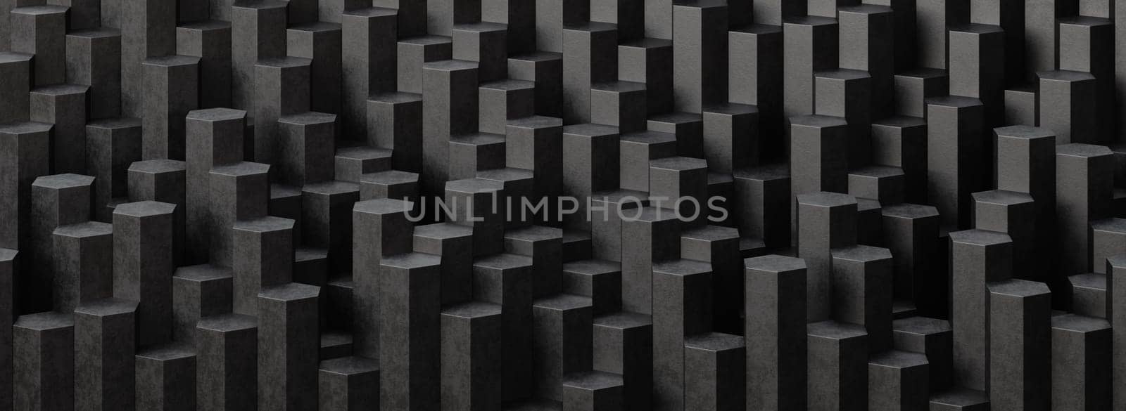 Black Hexagonal Pillars Arranged in Random Height 3D Background Illustration