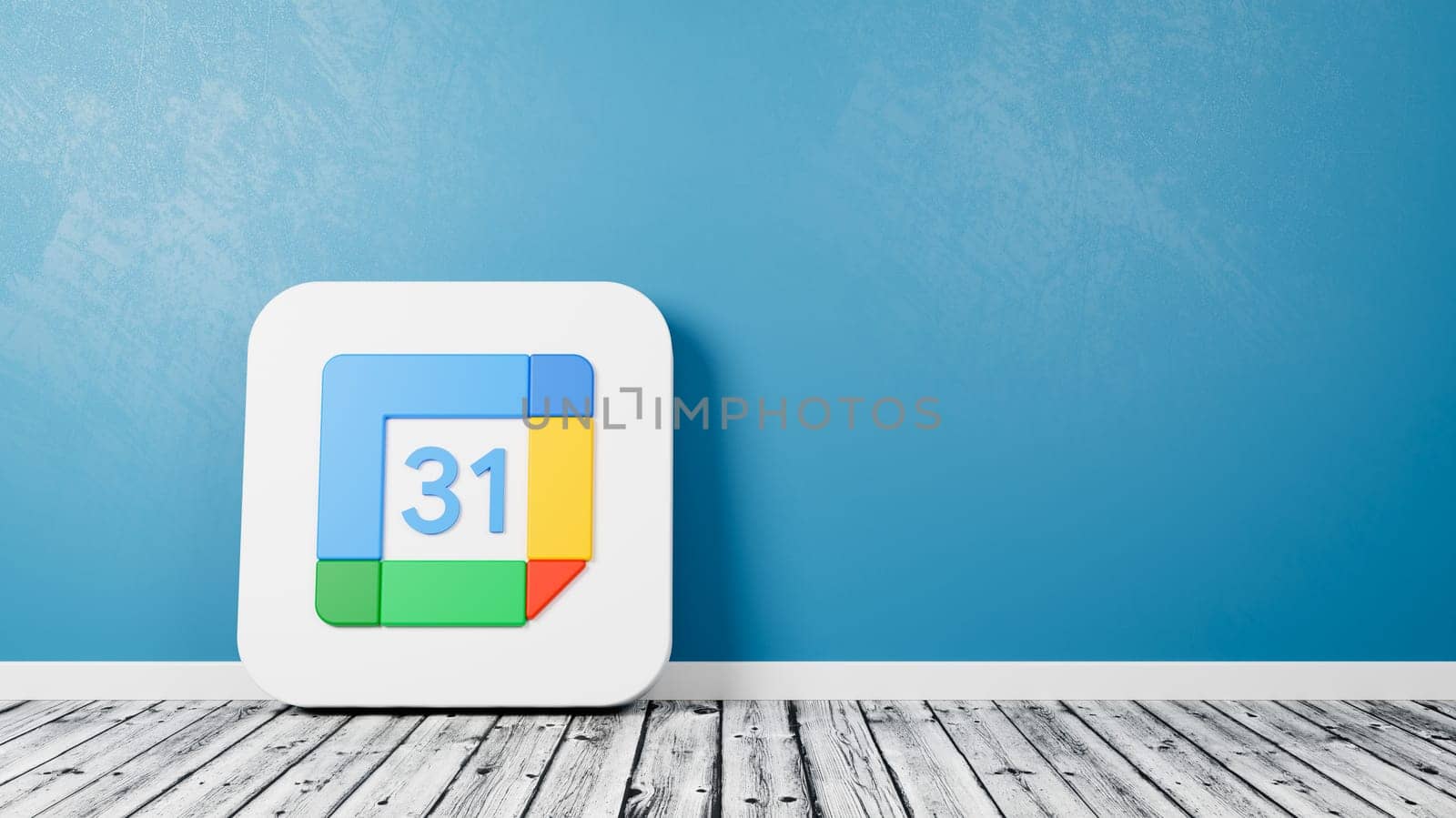 Google Calendar App 3D Symbol Shape on Wooden Floor Against Blue Wall with Copy Space 3D Render Illustration