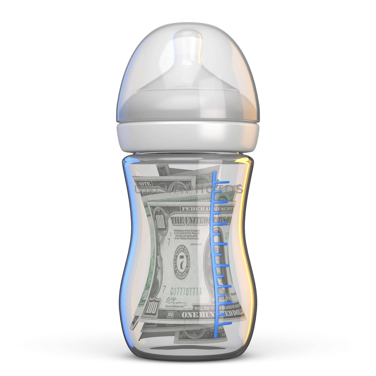 Baby bottle full of dollar bills 3D rendering illustration isolated on white background