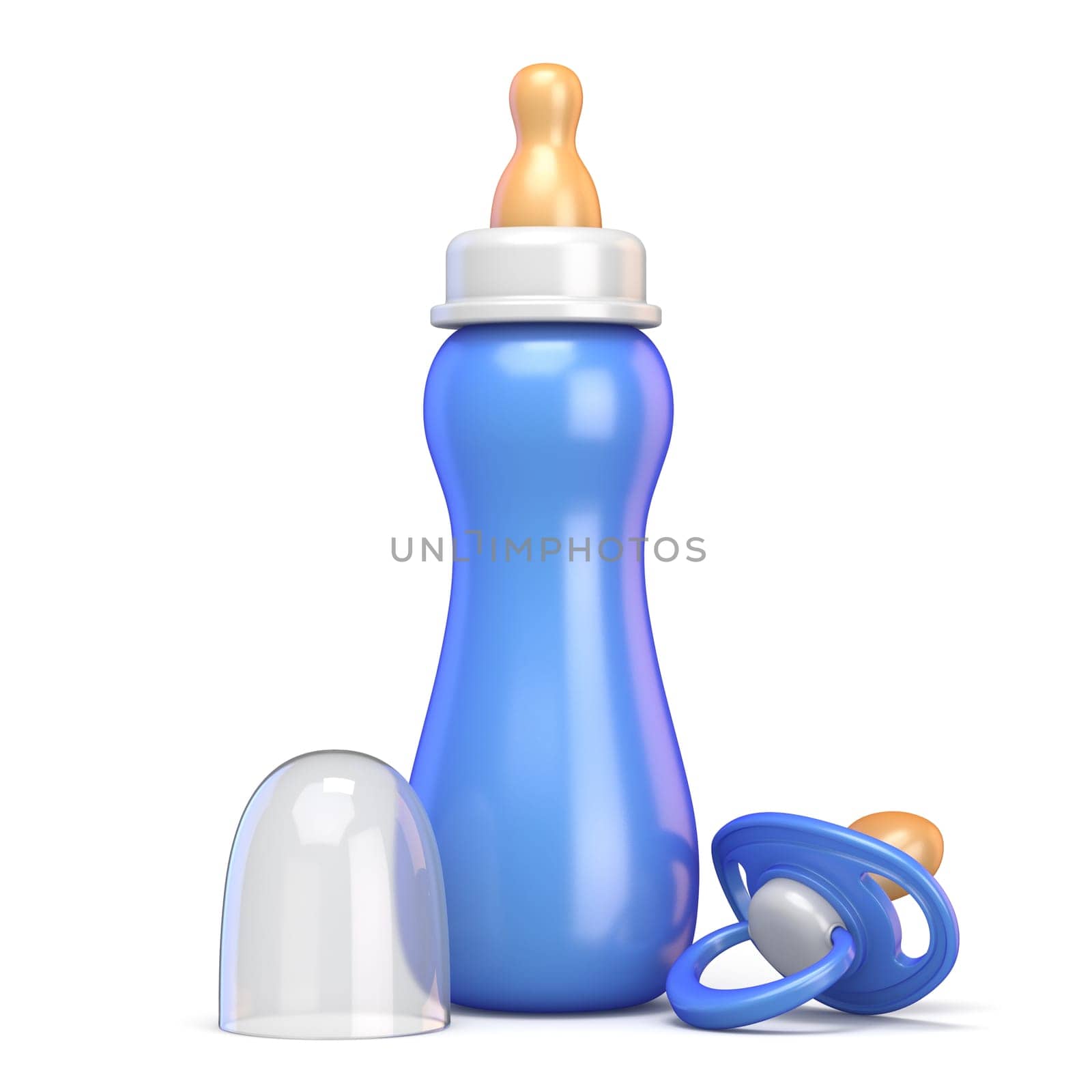 Blue baby bottle and pacifier 3D rendering illustration isolated on white background