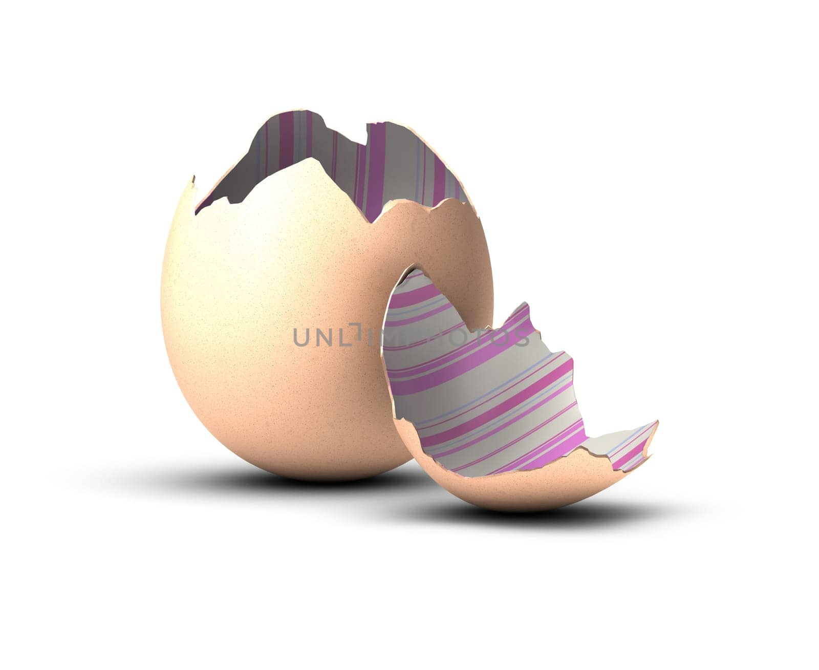 one open egg with decorative tapestry, color blue and pink, white background