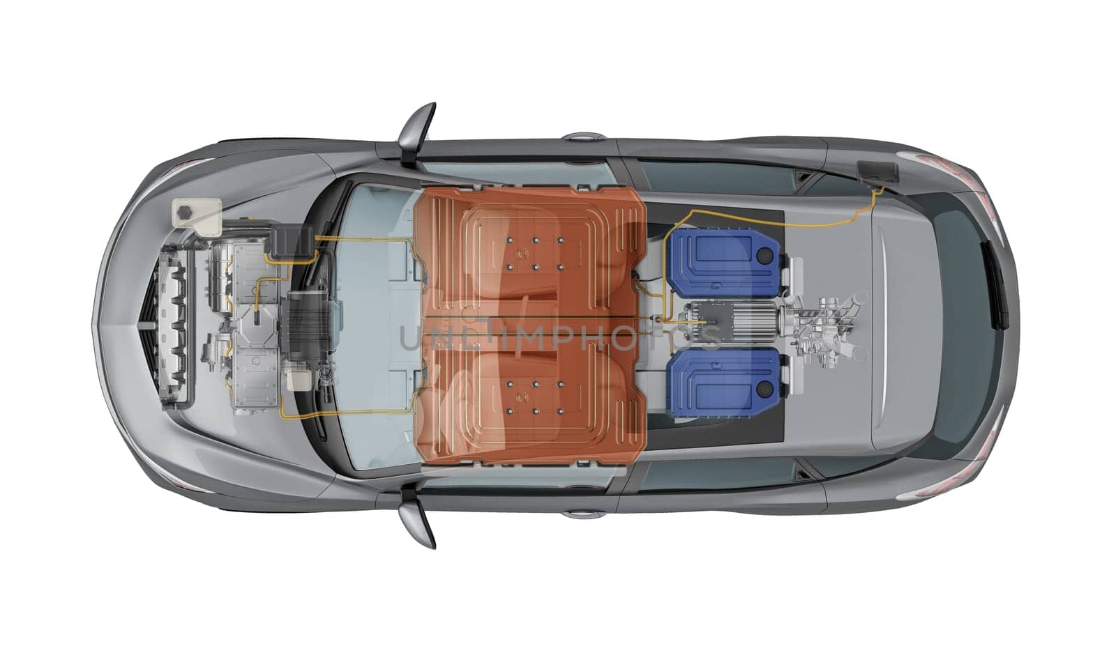 Electric generic car technical cutaway 3d rendering with all main details of EV system in ghost effect. Top view on white background.