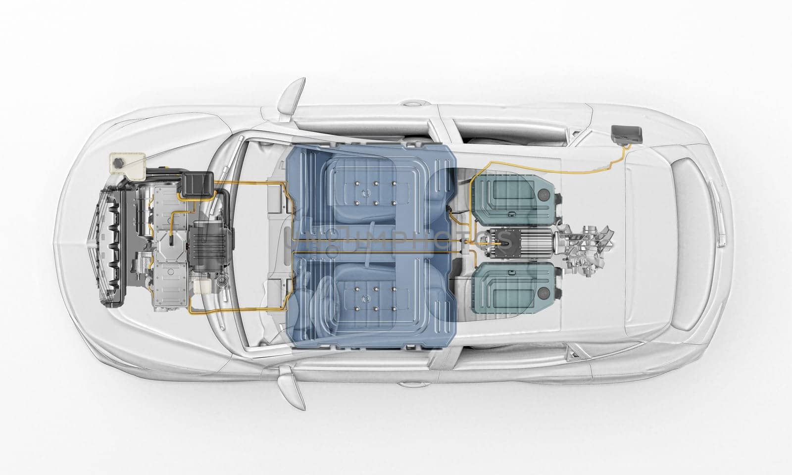 Electric generic car technical cutaway 3d rendering with all main details of EV system in ghost effect with drawing. Top view on white background.