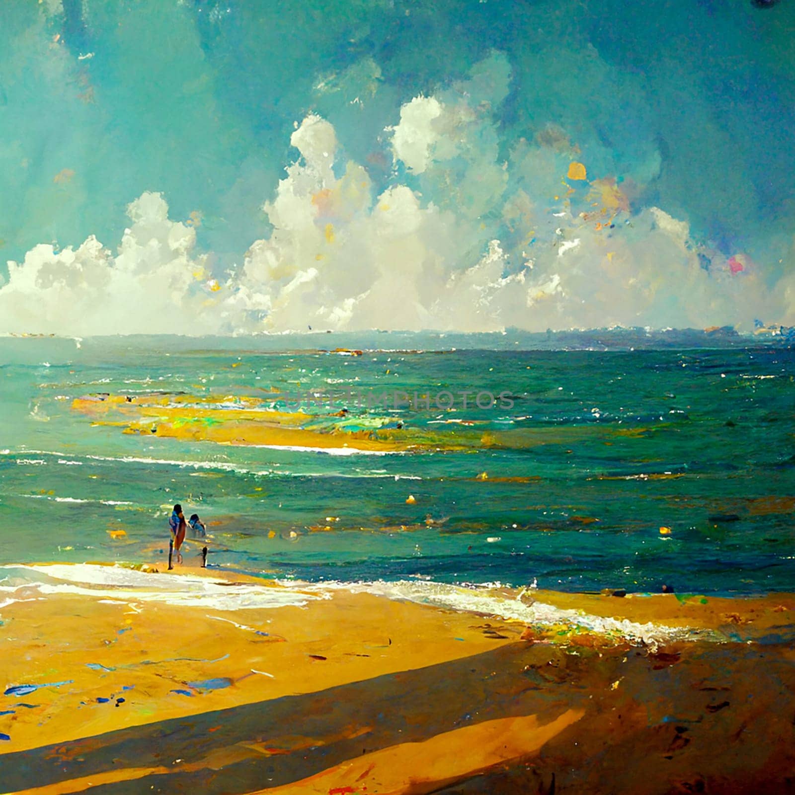 Seascape oil painting. Warm sea and beautiful seashore