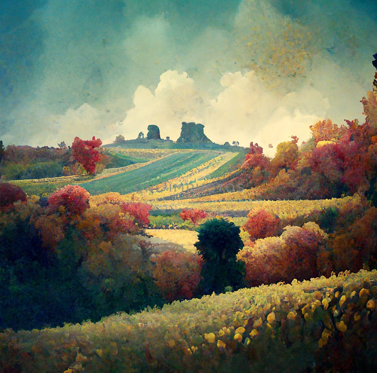 Watercolor image of a romantic autumn landscape