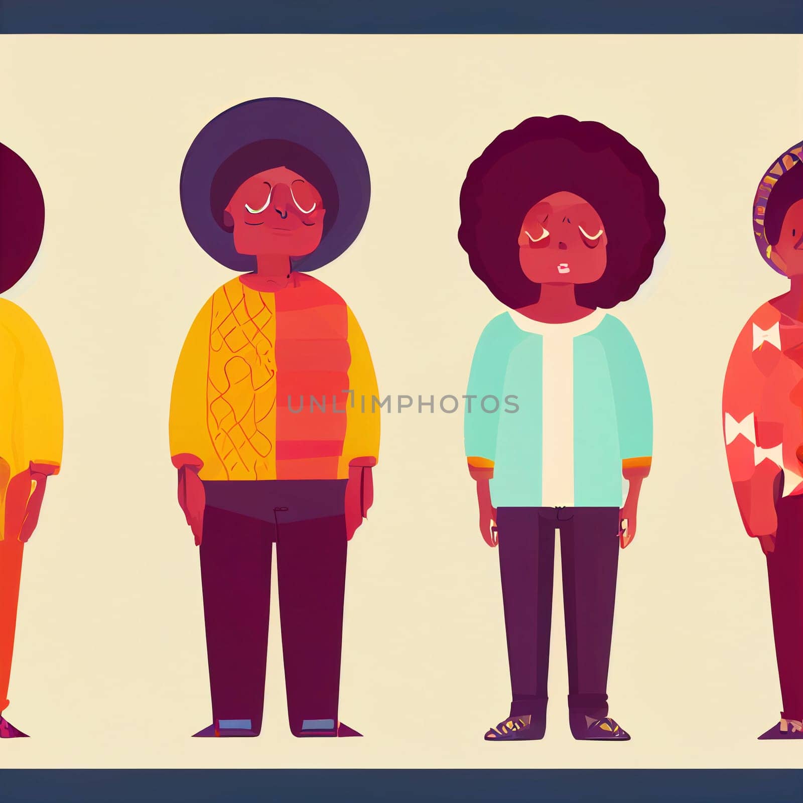 Illustration of a group of people of one ethnicity. Color illustration, square design