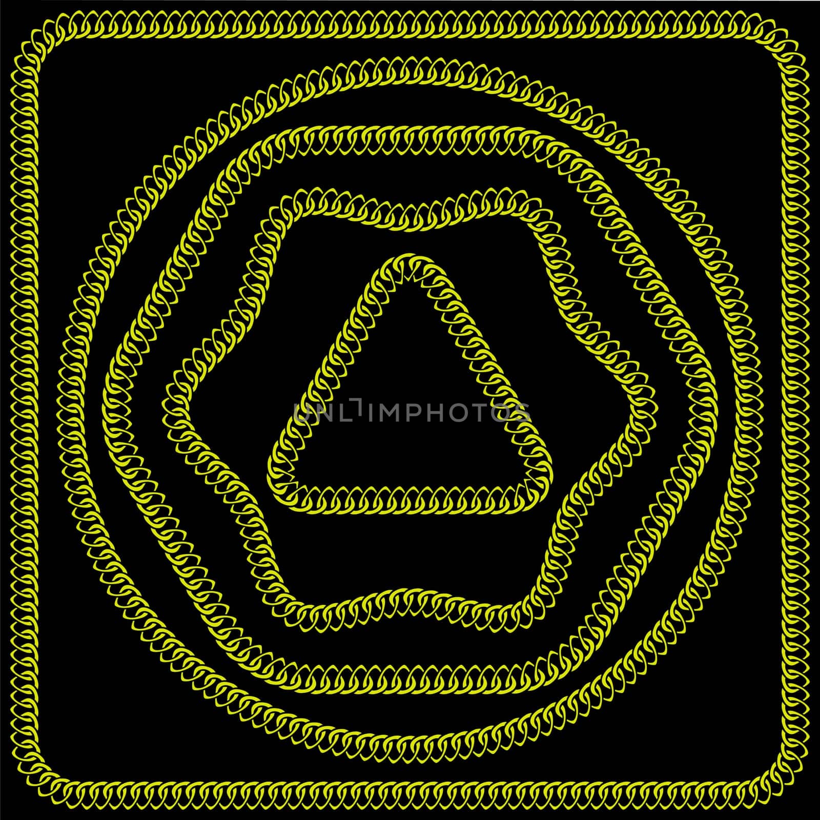 Gold frames pattern with hand drawn chain. Perfect for wallpapers, web page backgrounds, surface textures, textile. Isolated on black background.