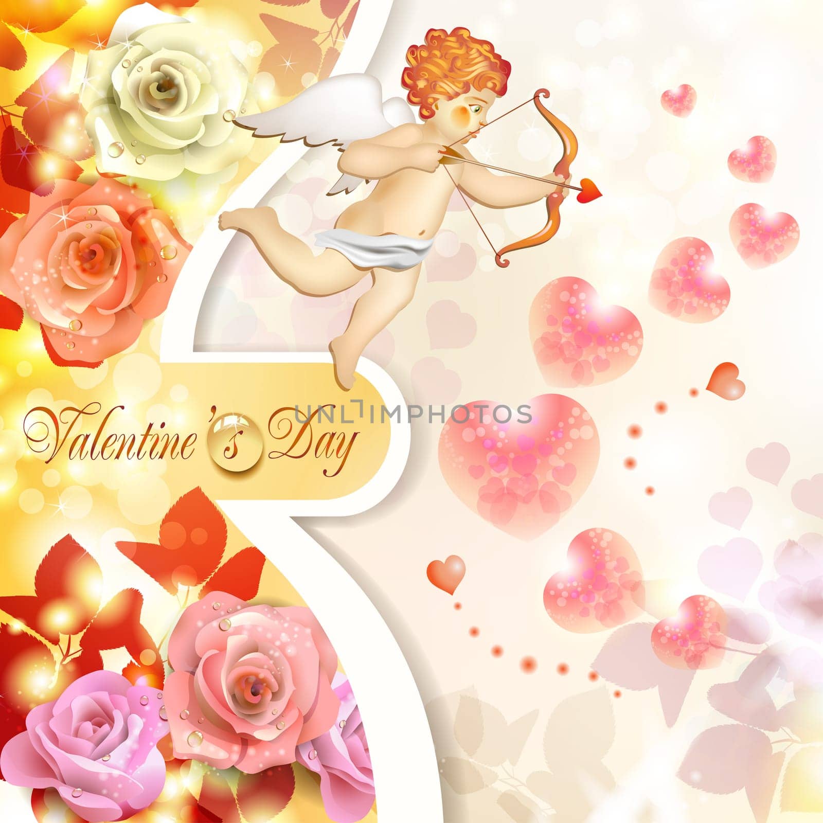 Valentine's day card with roses, hearts and cupid